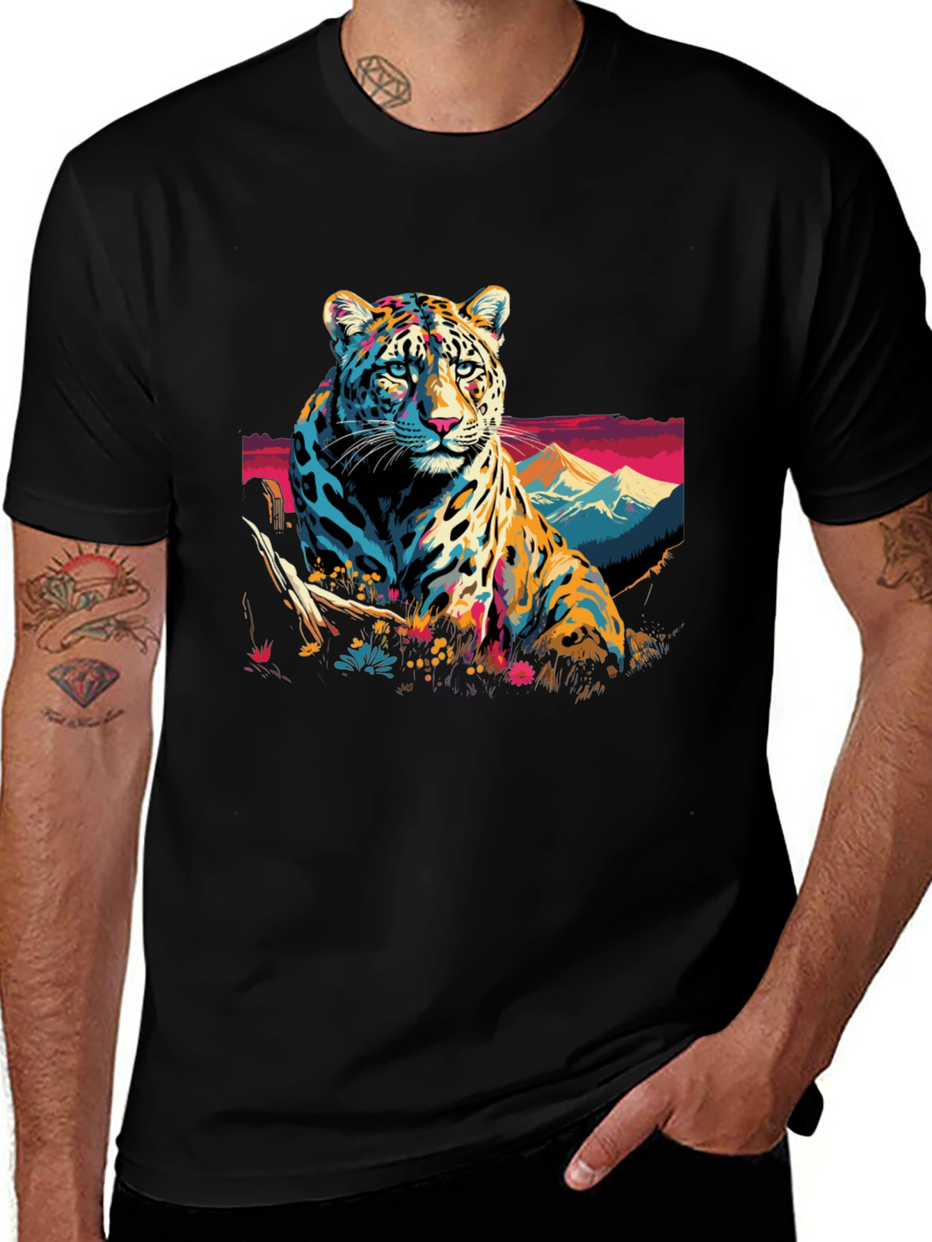 Vibrant Leopard Graphic Black T-Shirt
