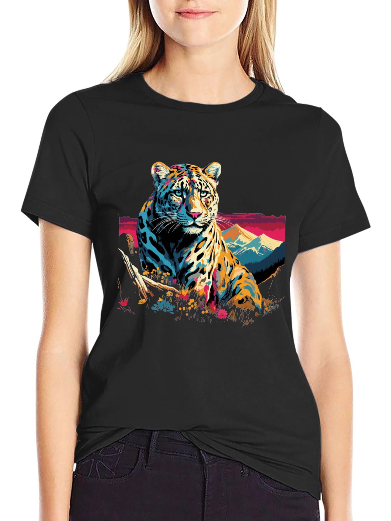 Vibrant Leopard Graphic Black T-Shirt