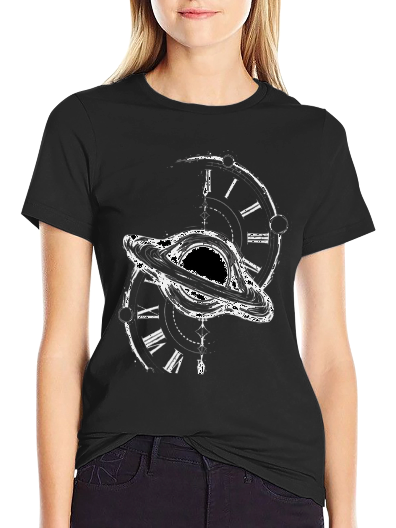 Black Hole Time Clock Graphic Tee - Modern Style