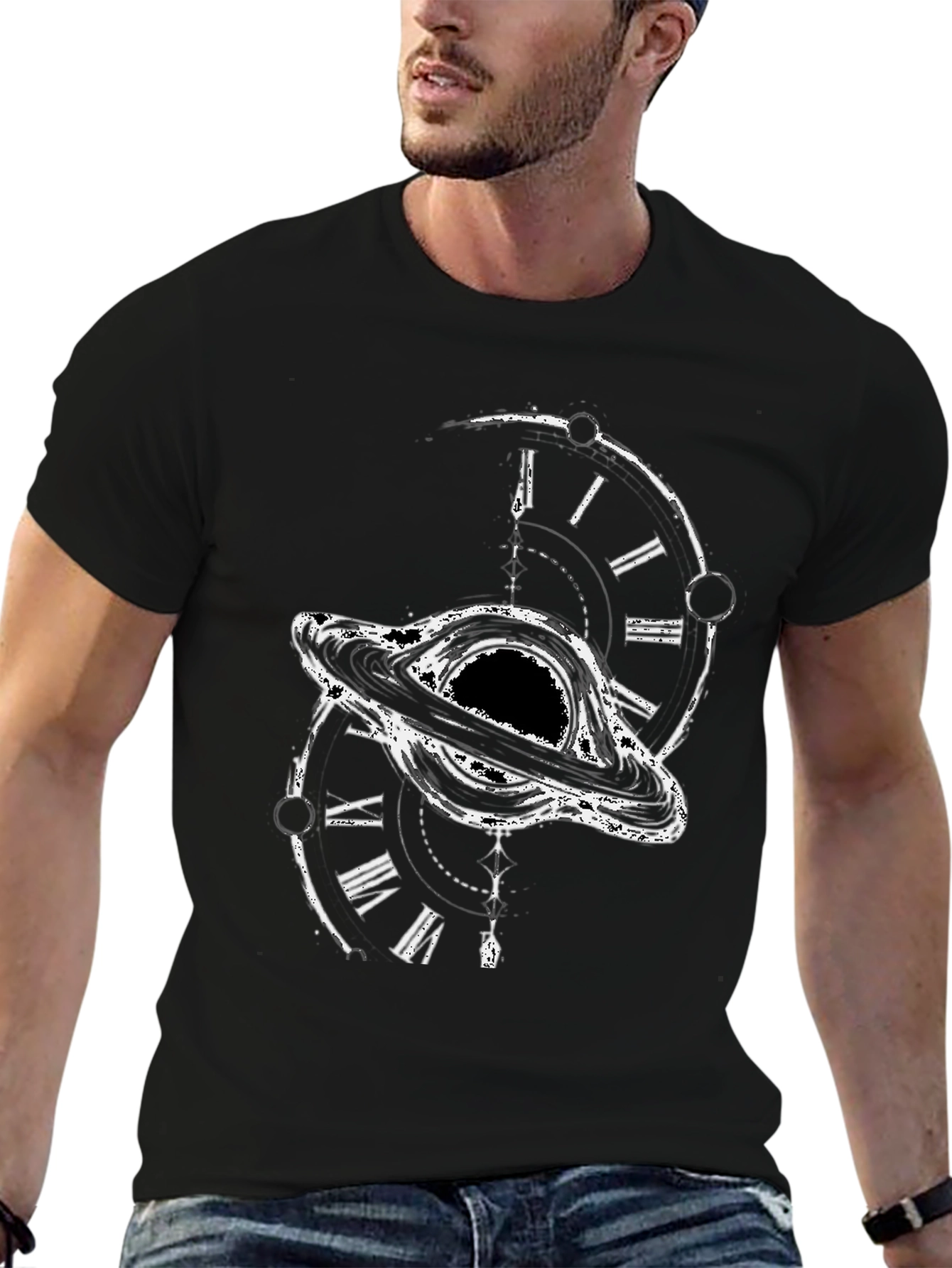 Black Hole Time Clock Graphic Tee - Modern Style