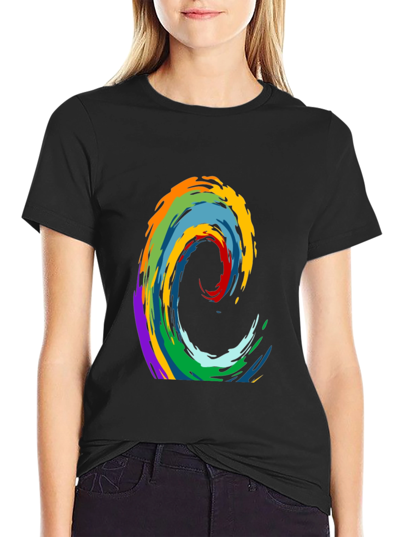 Rainbow Wave Graphic Print Black T-Shirt