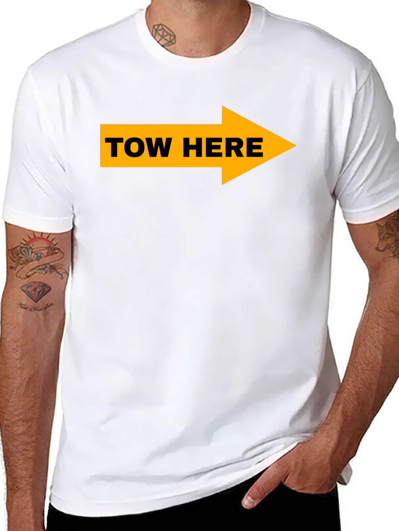 Tow Here Graphic Tee - Arrow Novelty T-Shirt