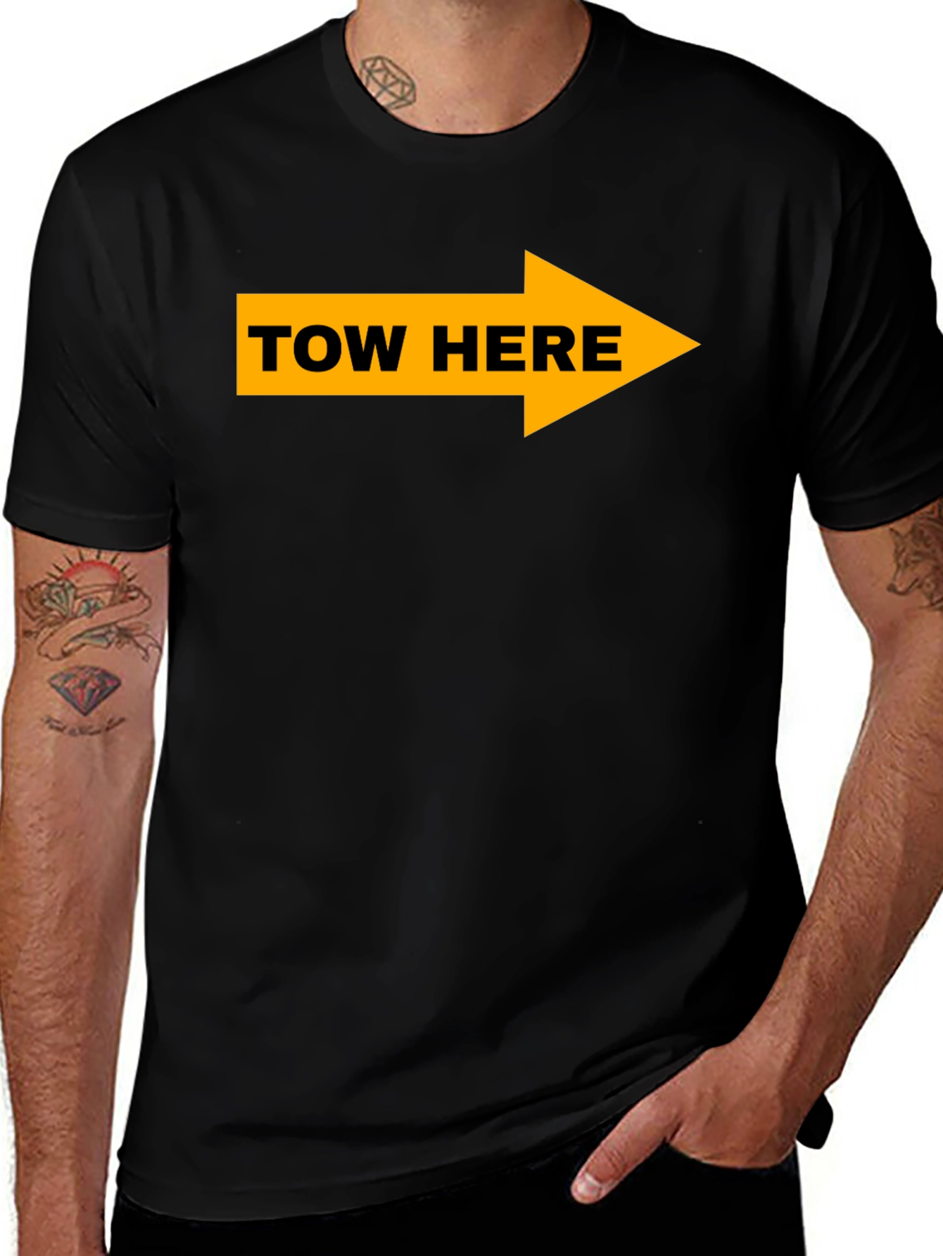 Tow Here Graphic Tee - Arrow Novelty T-Shirt