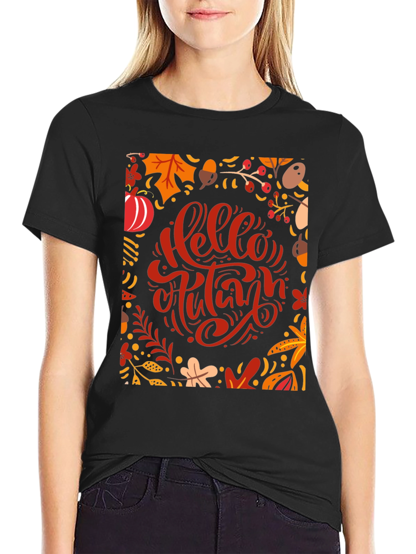 Hello Autumn Graphic Tee - Black Cotton T-Shirt