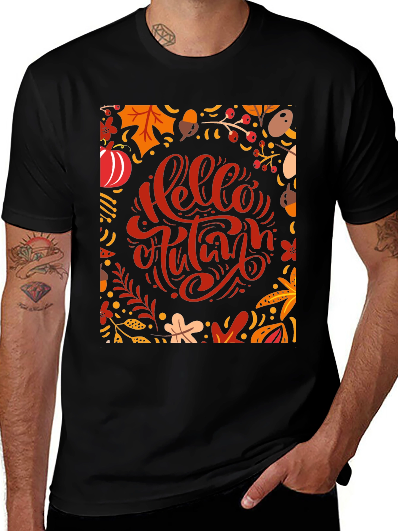 Hello Autumn Graphic Tee - Black Cotton T-Shirt