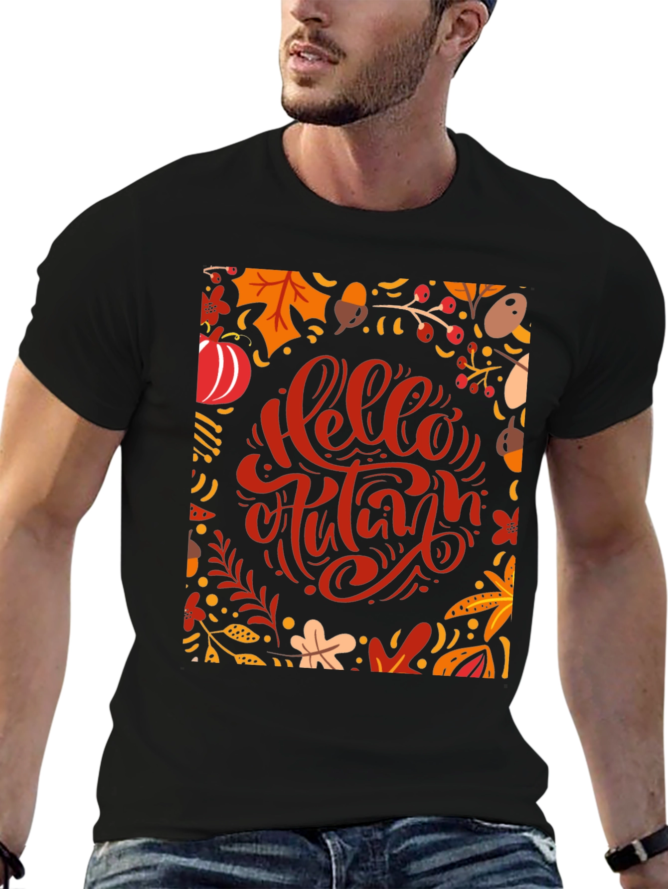 Hello Autumn Graphic Tee - Black Cotton T-Shirt