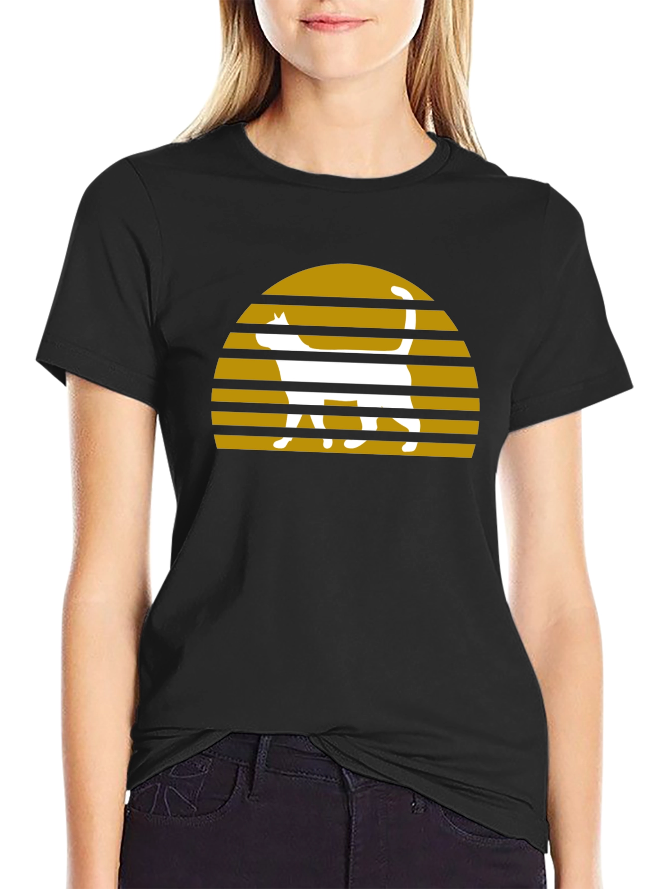 Retro Cat Sunset Graphic T-Shirt - Black