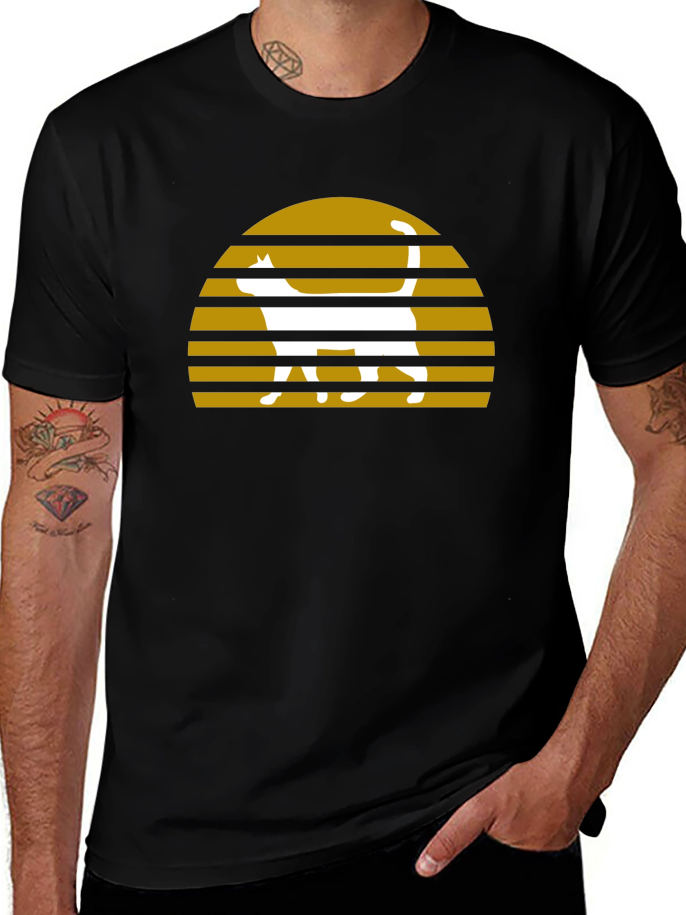 Retro Cat Sunset Graphic T-Shirt - Black