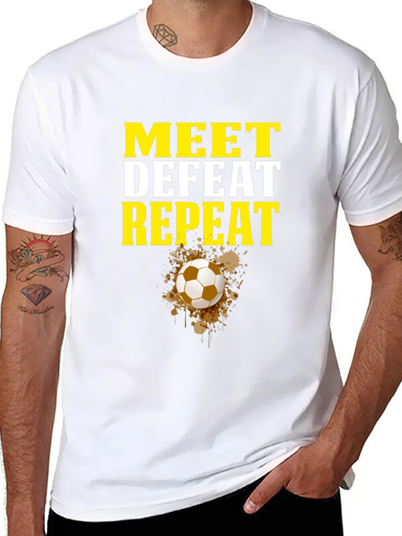 Meet Defeat Repeat Graphic Tee - Soccer Fan Shirt