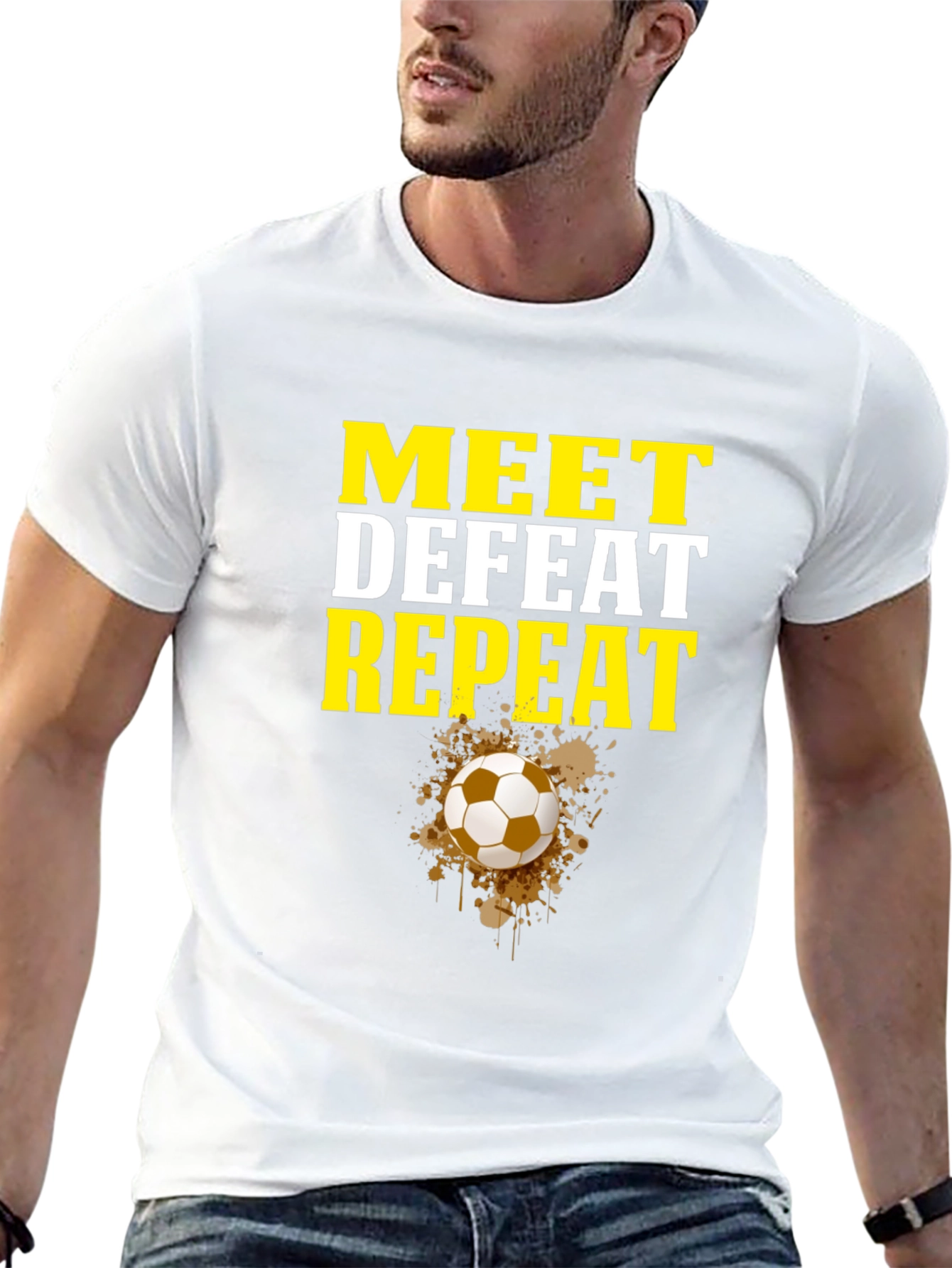 Meet Defeat Repeat Graphic Tee - Soccer Fan Shirt
