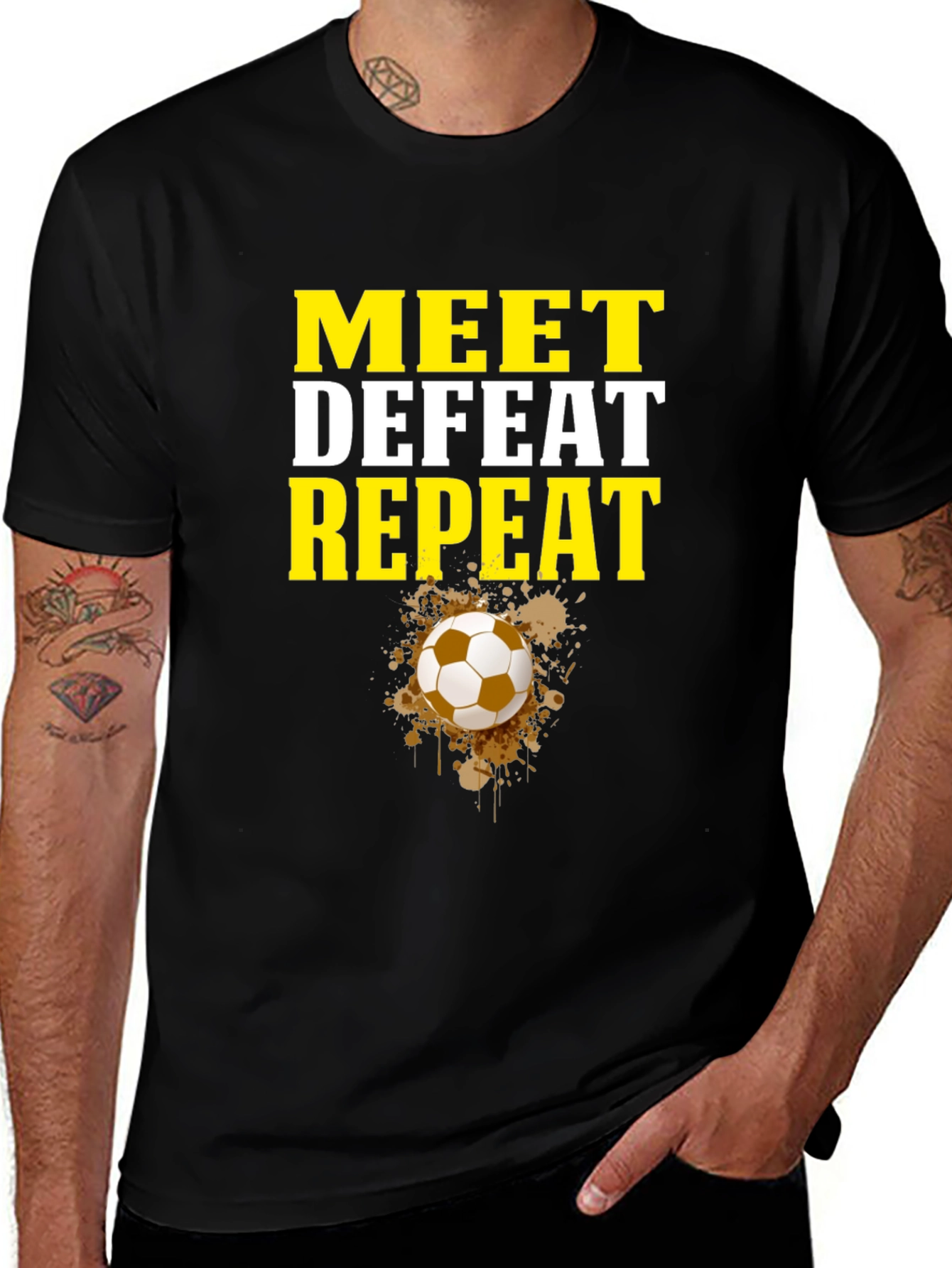 Meet Defeat Repeat Graphic Tee - Soccer Fan Shirt