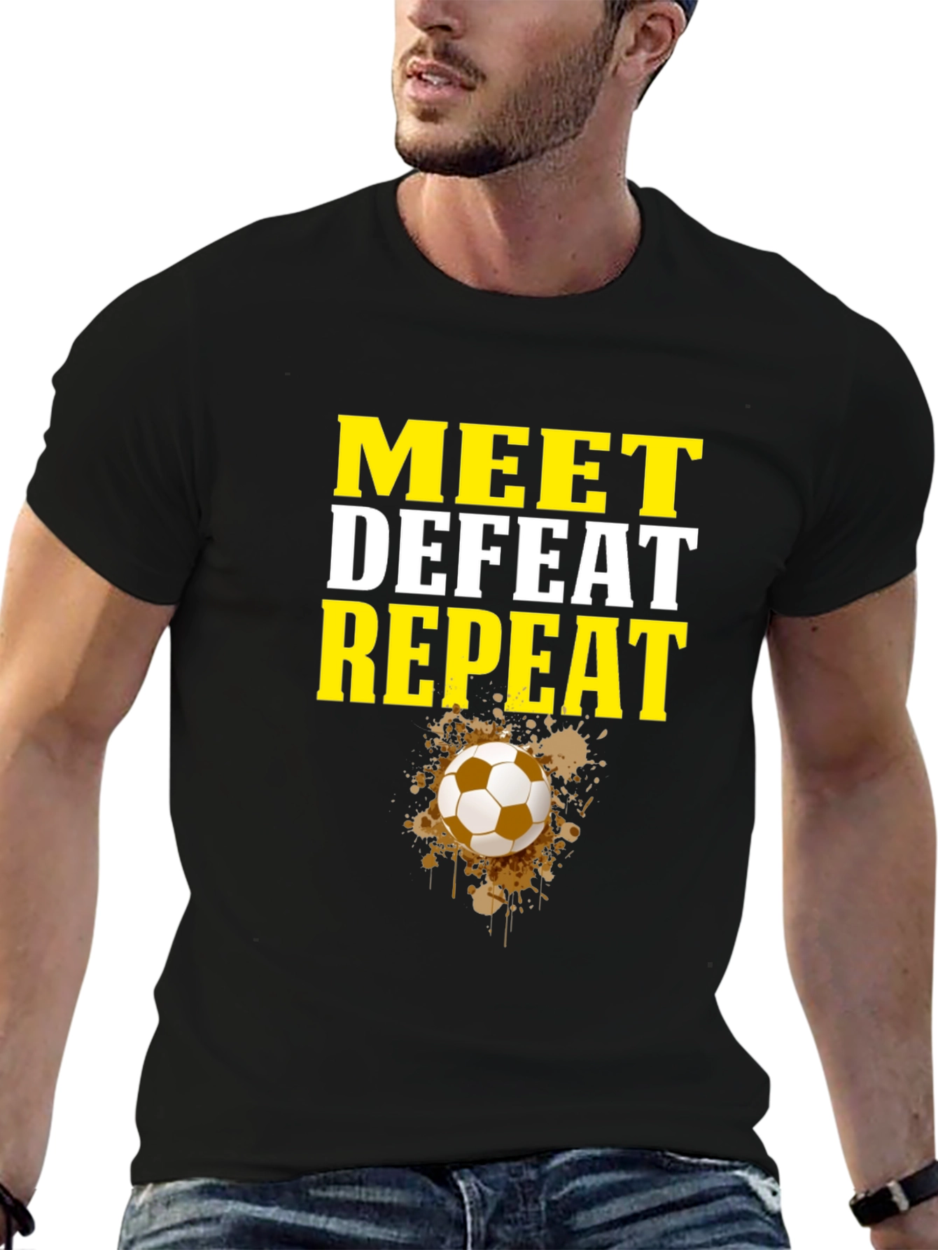 Meet Defeat Repeat Graphic Tee - Soccer Fan Shirt