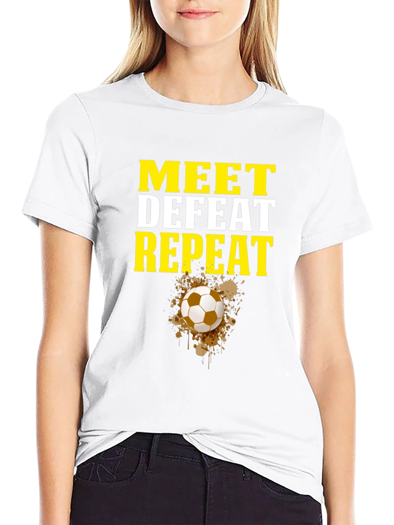 Meet Defeat Repeat Graphic Tee - Soccer Fan Shirt