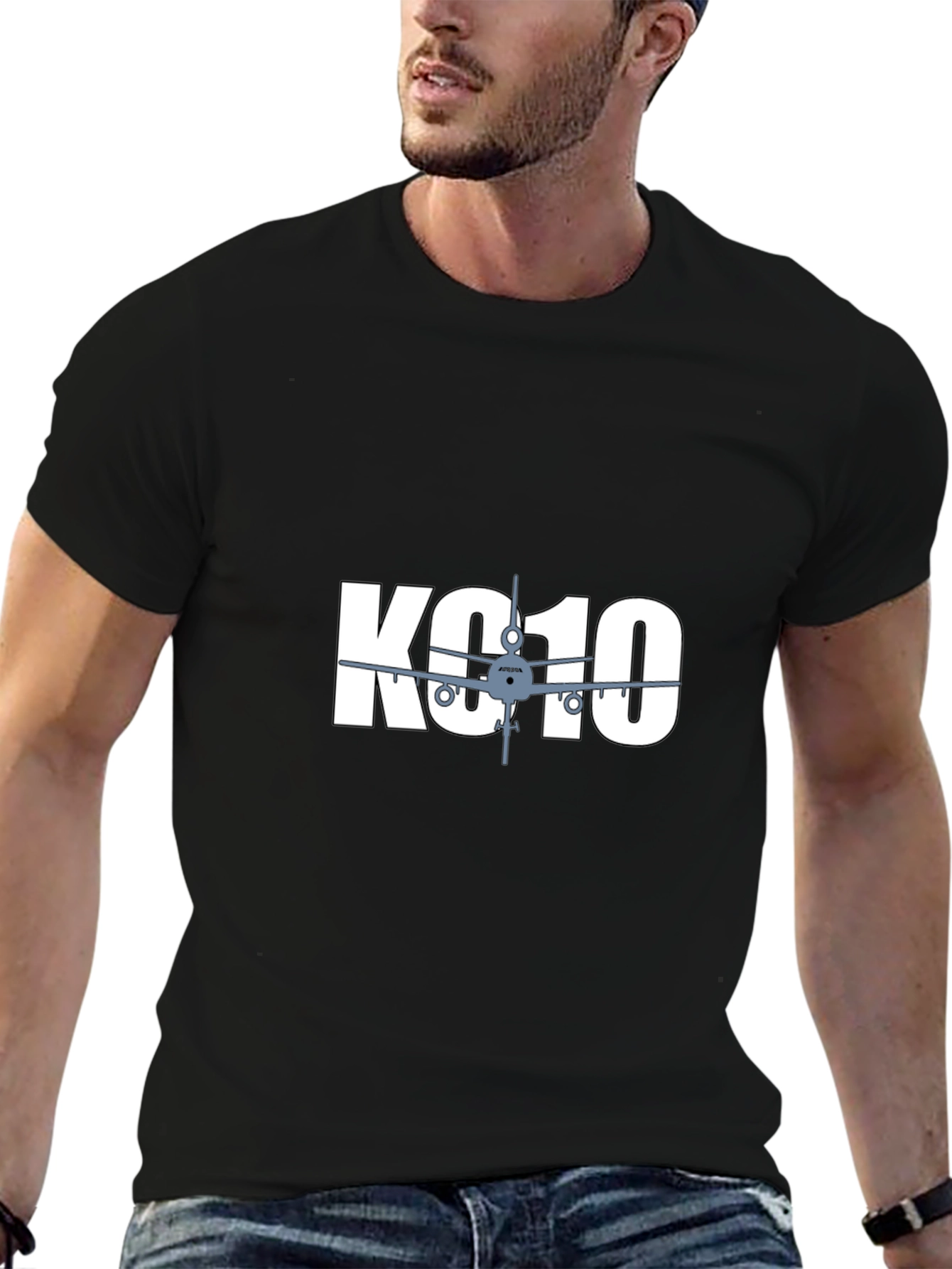 KC10 Airplane Graphic T-Shirt - Black Crew Neck Tee