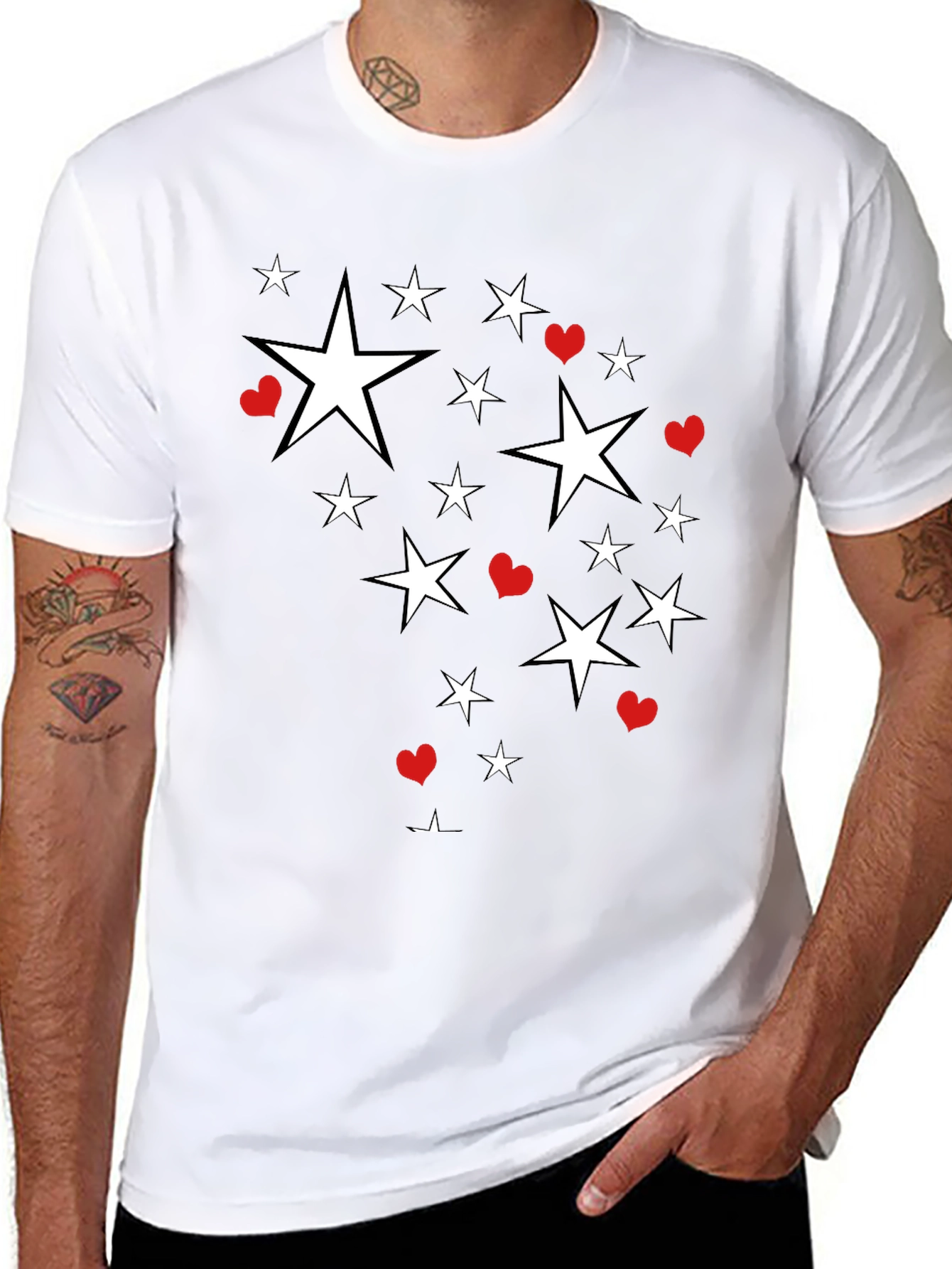 Star & Heart Graphic Print Black T-Shirt