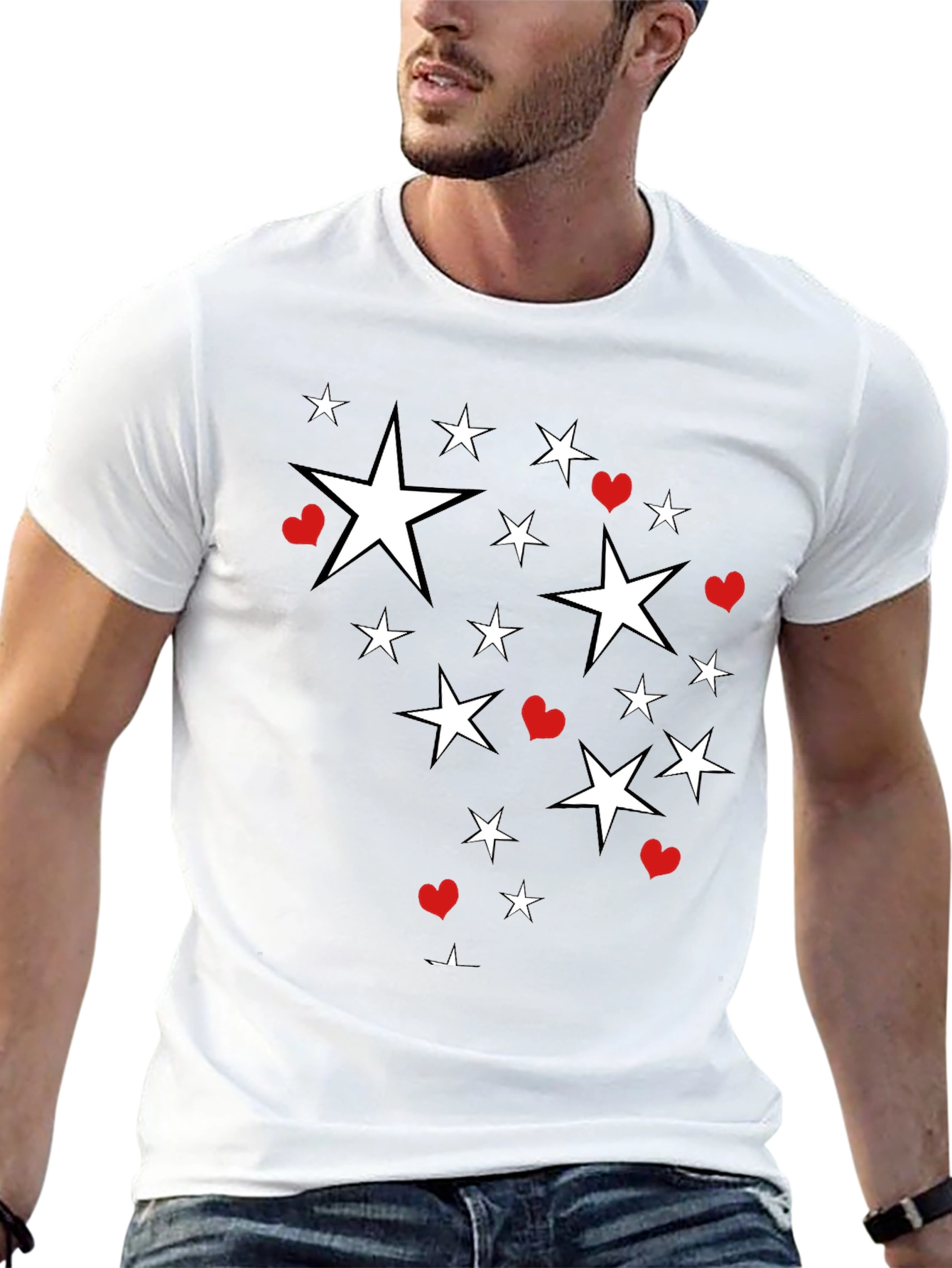 Star & Heart Graphic Print Black T-Shirt