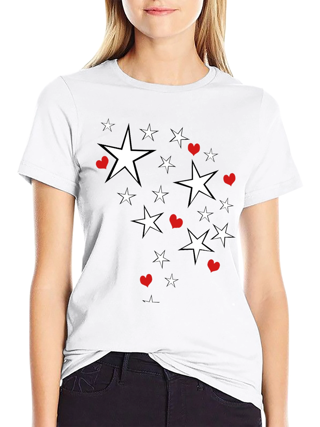 Star & Heart Graphic Print Black T-Shirt