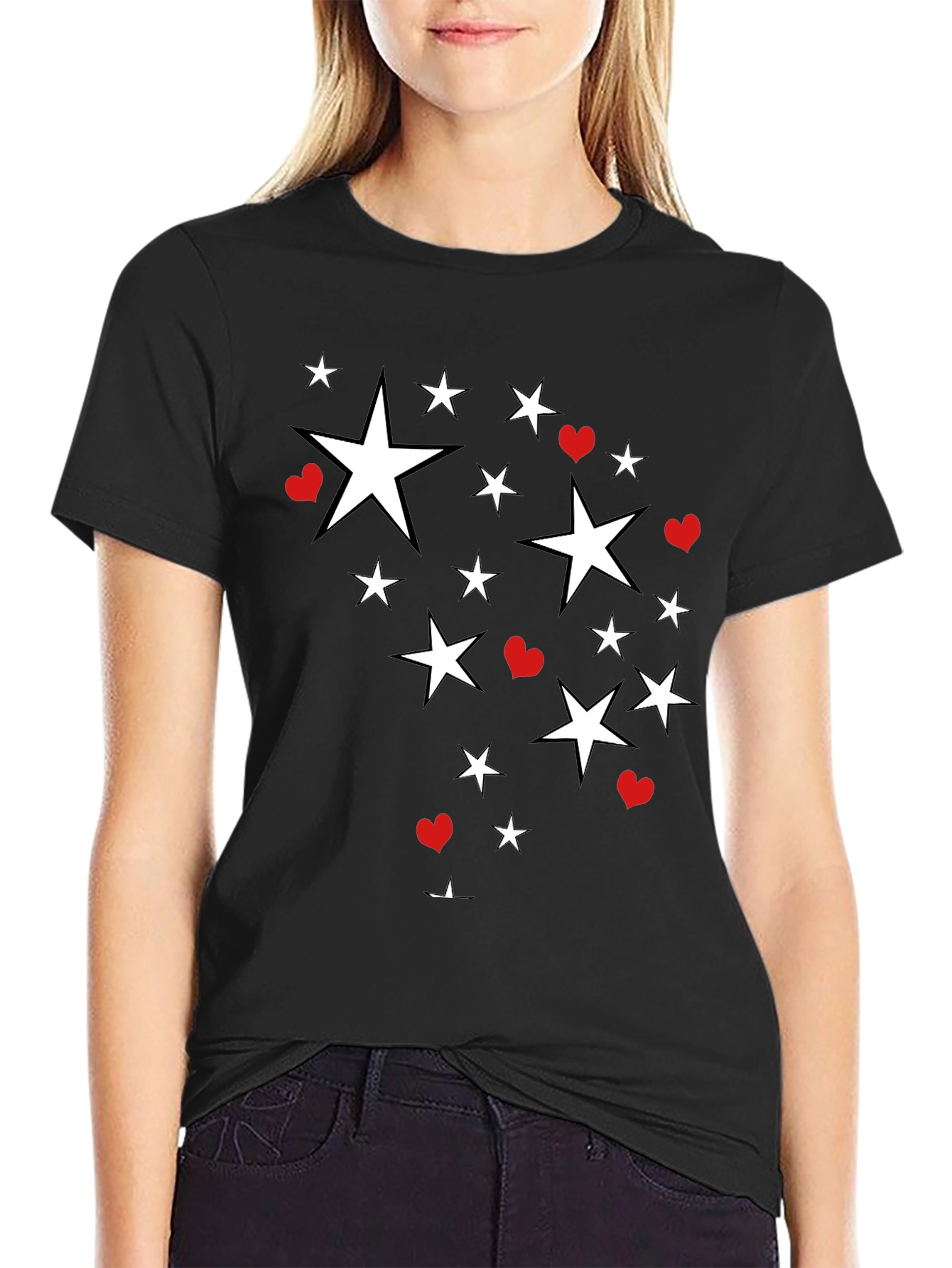 Star & Heart Graphic Print Black T-Shirt