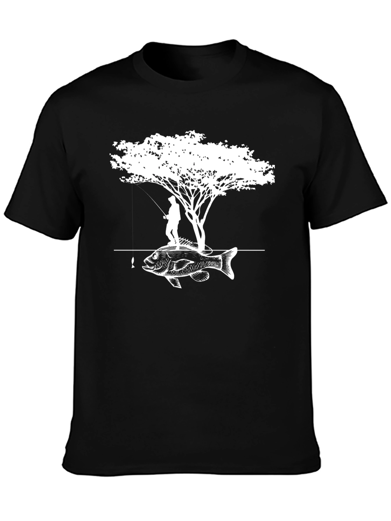 Fisherman Tree Bass Graphic Tee - Black Cotton Blend
