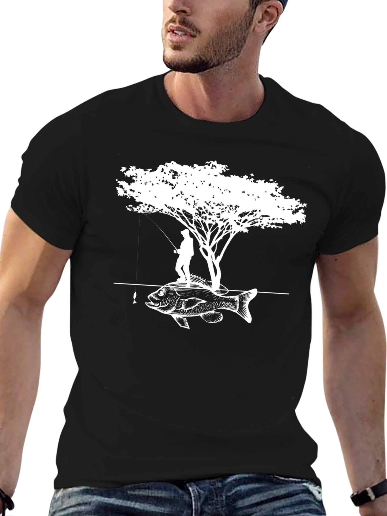 Fisherman Tree Bass Graphic Tee - Black Cotton Blend