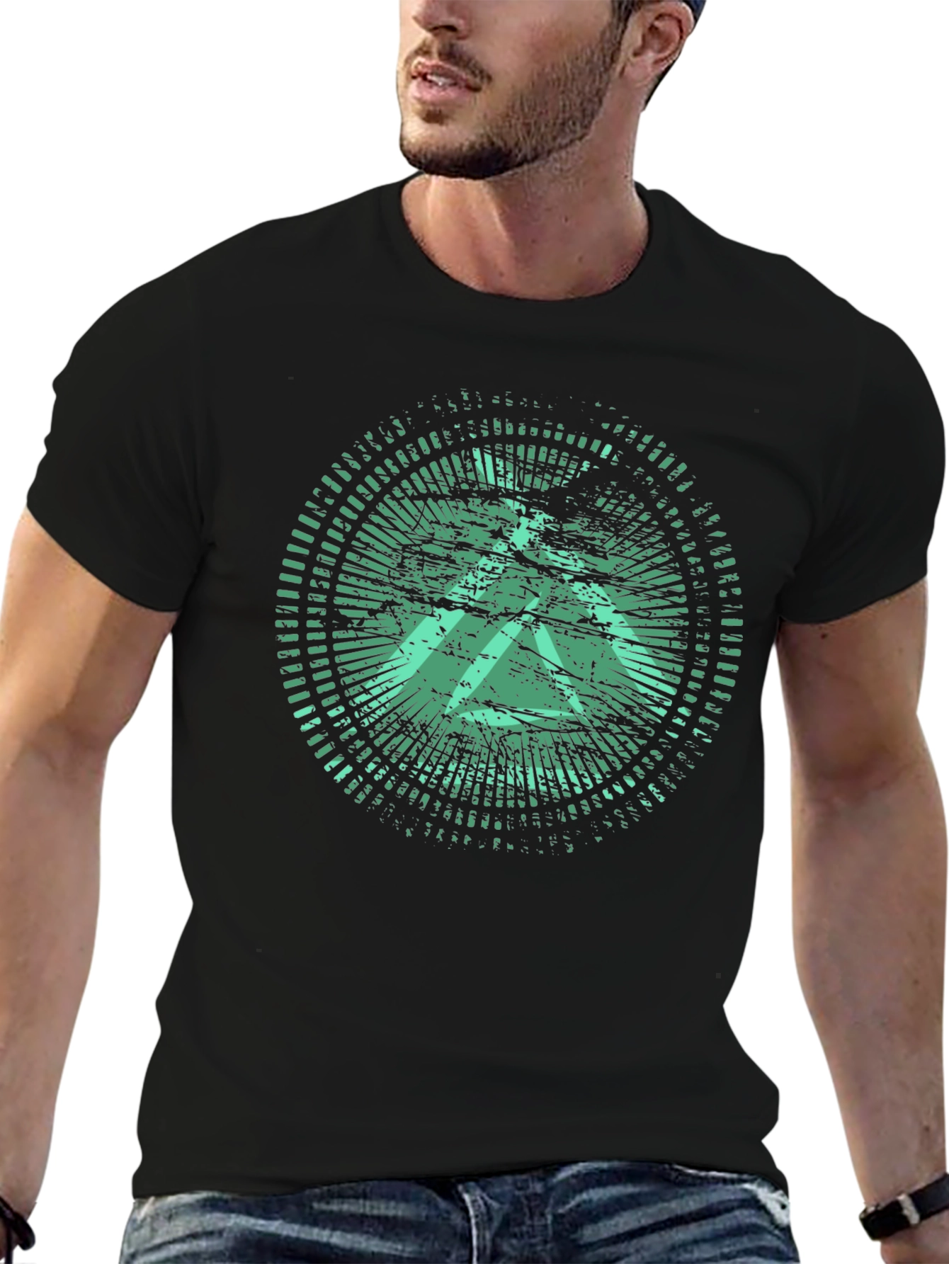 Green Graphic Print Black Crew Neck T-Shirt