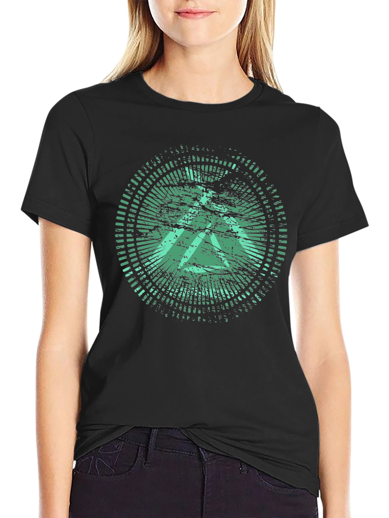 Green Graphic Print Black Crew Neck T-Shirt