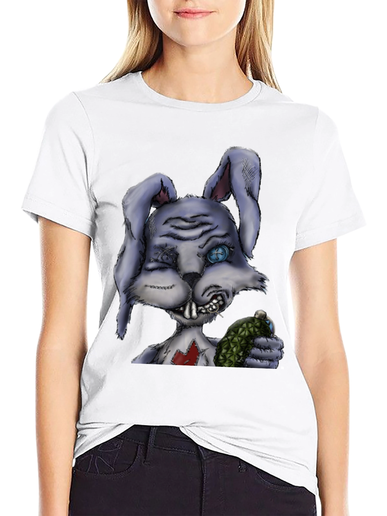 Creepy Cartoon Bunny Black T-Shirt