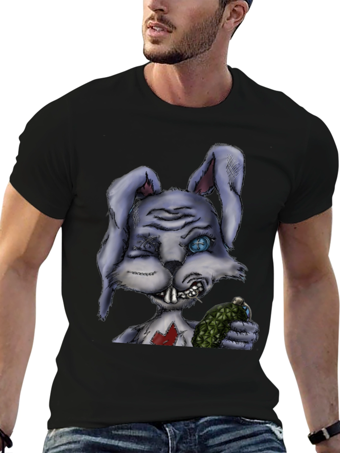Creepy Cartoon Bunny Black T-Shirt