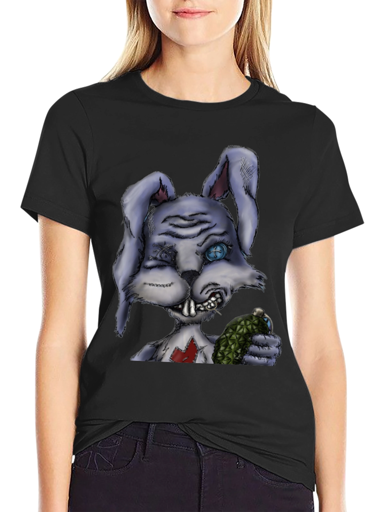 Creepy Cartoon Bunny Black T-Shirt