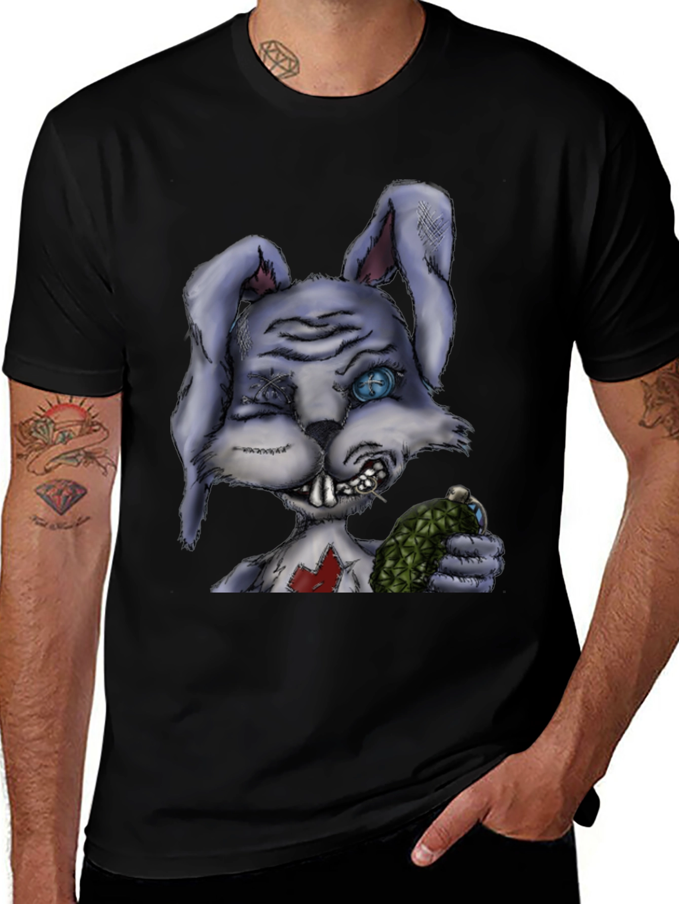 Creepy Cartoon Bunny Black T-Shirt