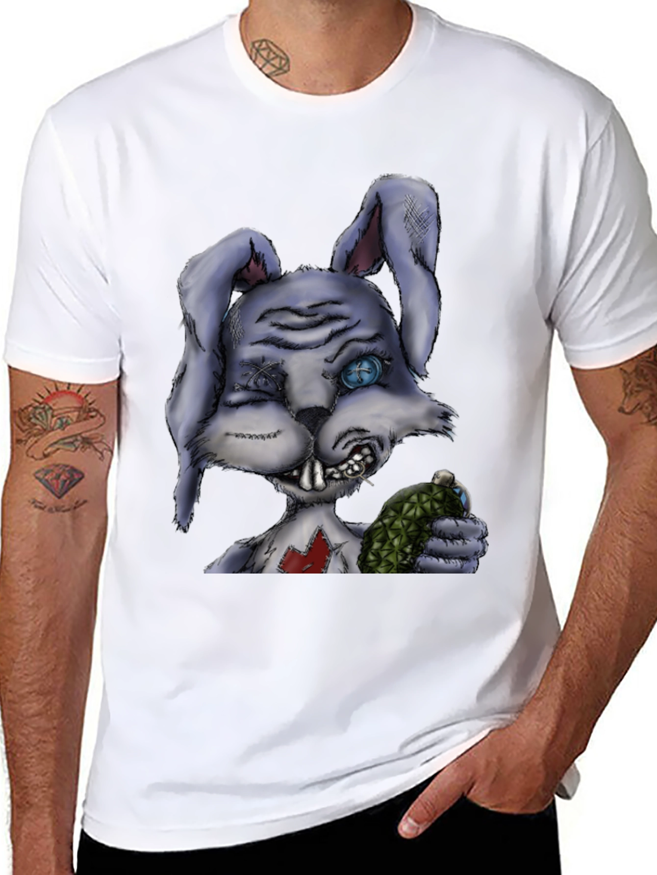 Creepy Cartoon Bunny Black T-Shirt