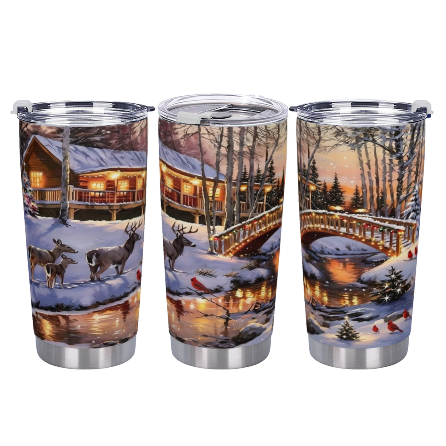 Snowy Winter Log Cabin Wild Deer Forest 20oz Tumbler