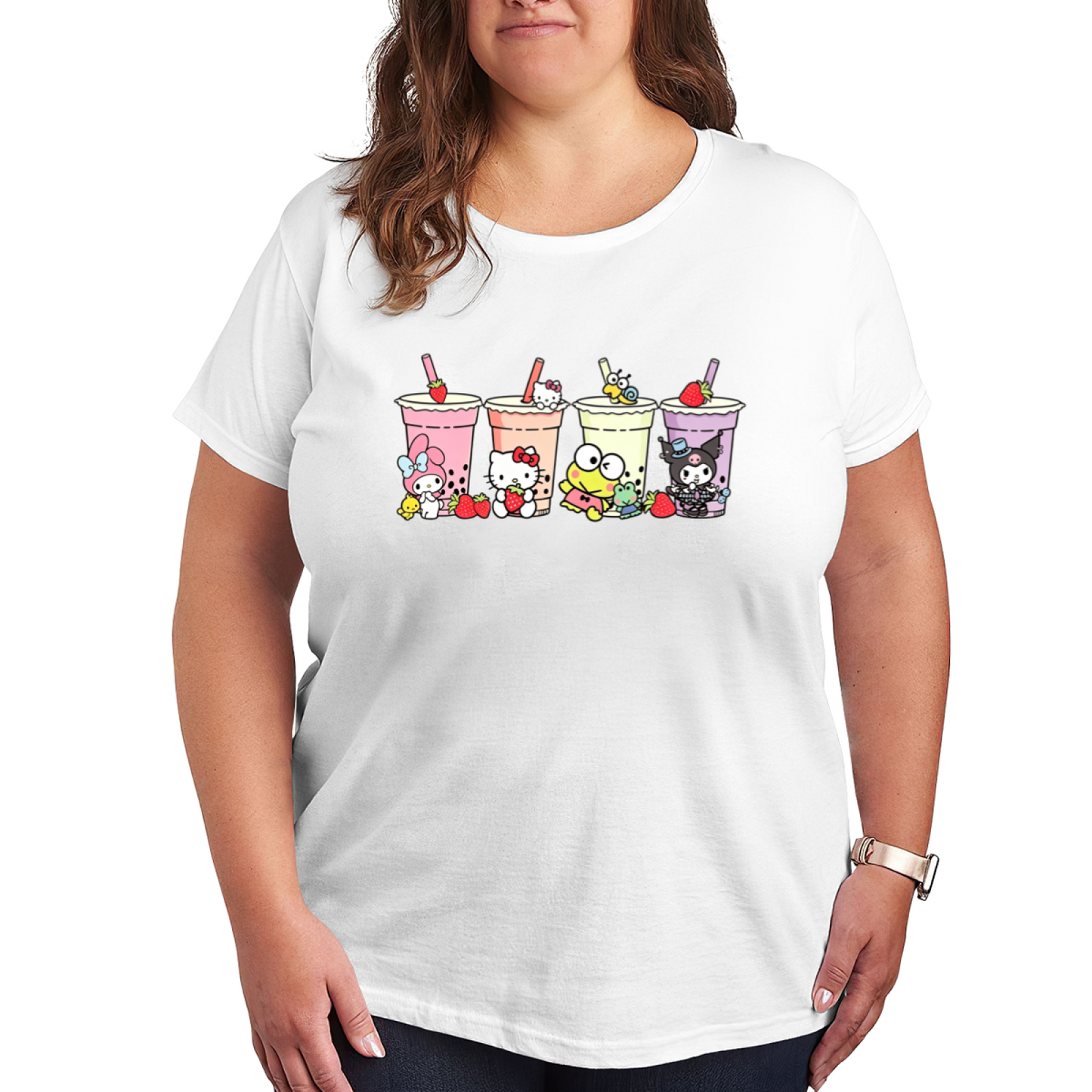 Sanrio Friends Bubble Tea Party Cute Group Print Plus?Size Women T?shirt