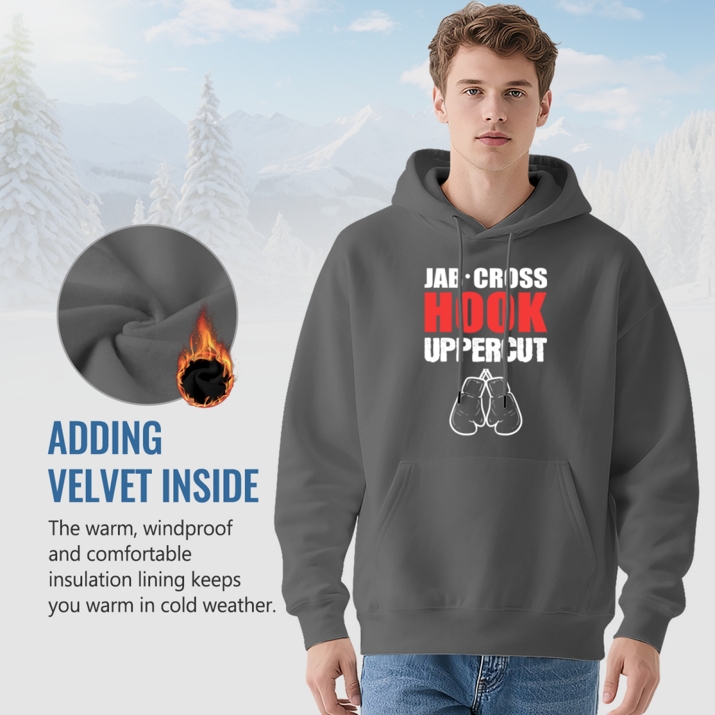 Jab Cross Hook Boxing Gray Hoodie, Sporty Comfortable Style
