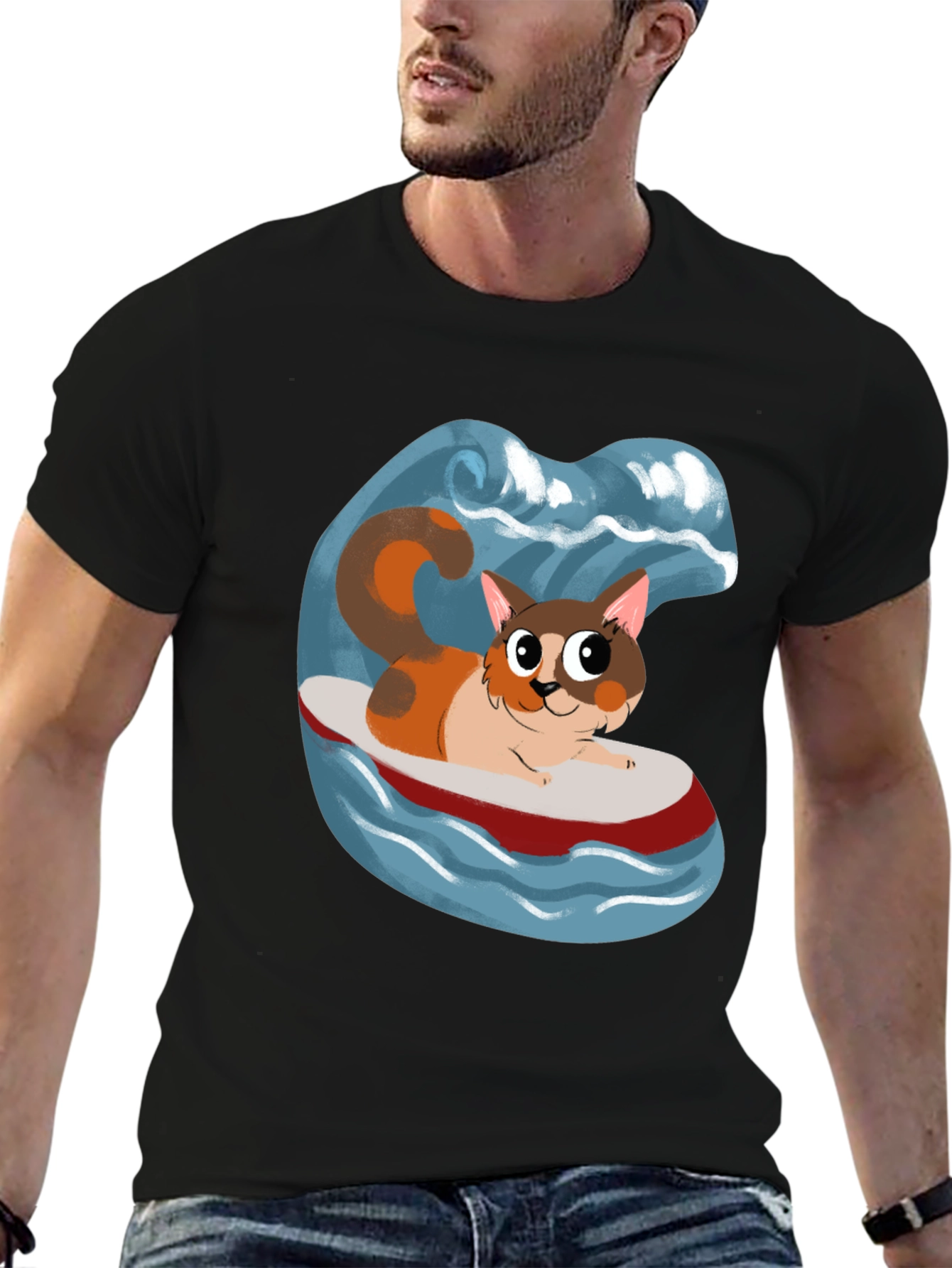 Cat Surfboard T-Shirt - Fun Graphic Tee