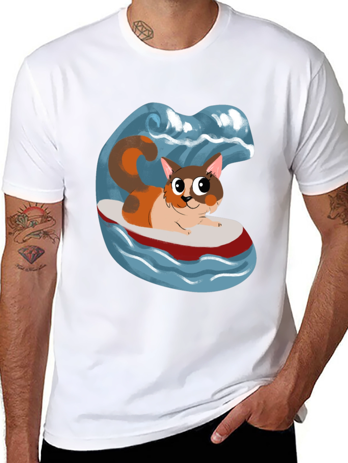 Cat Surfboard T-Shirt - Fun Graphic Tee