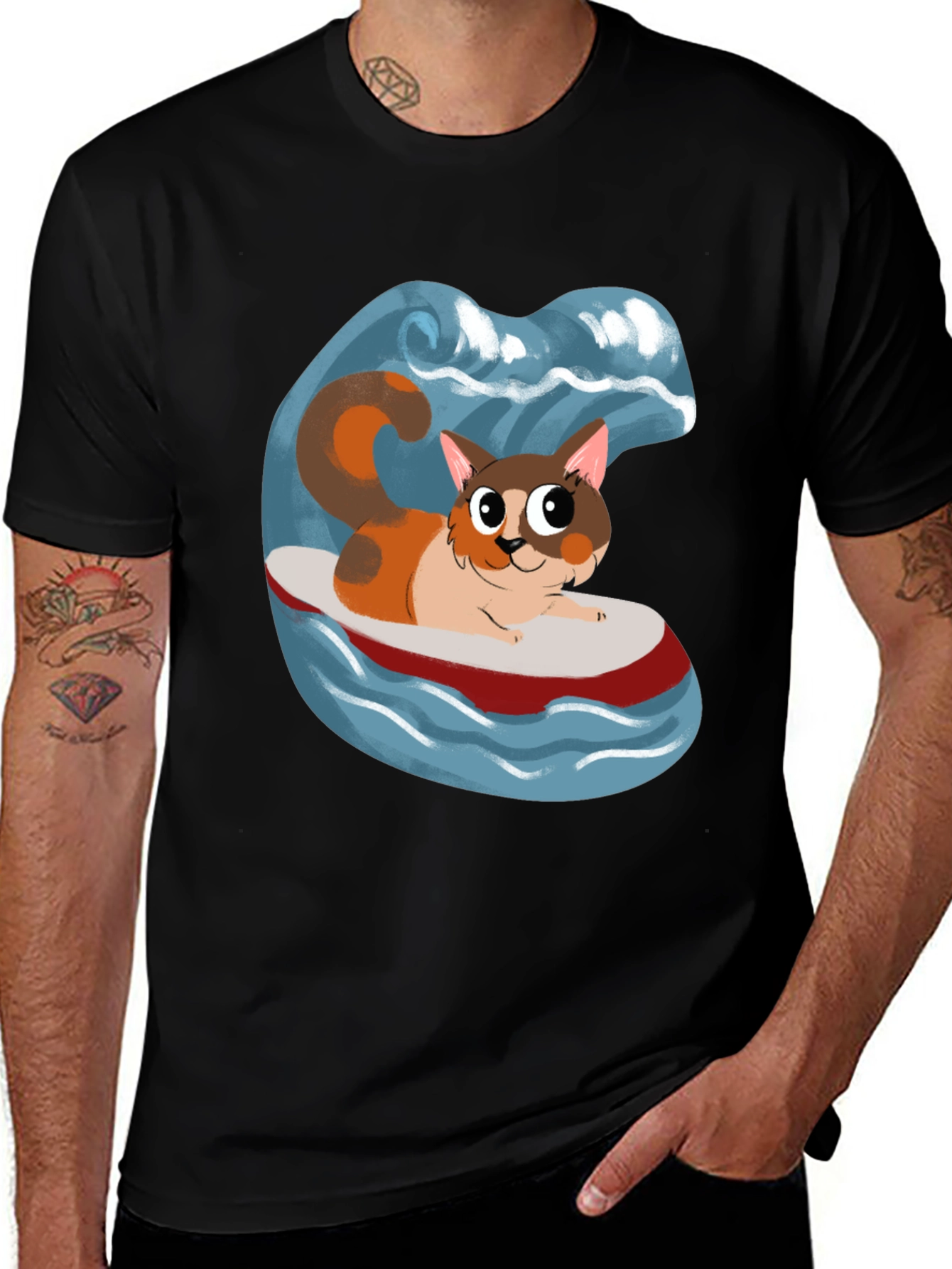 Cat Surfboard T-Shirt - Fun Graphic Tee