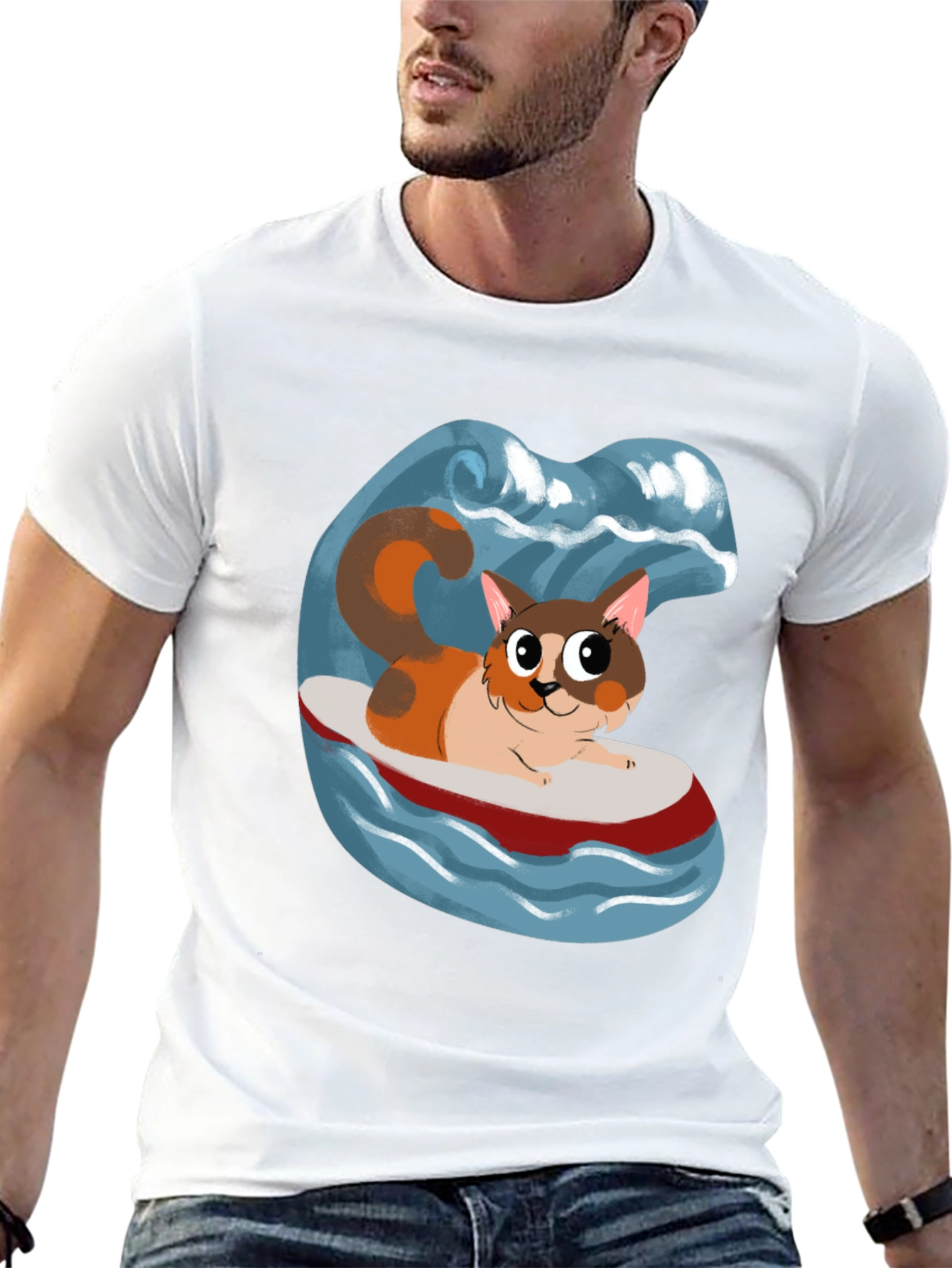 Cat Surfboard T-Shirt - Fun Graphic Tee