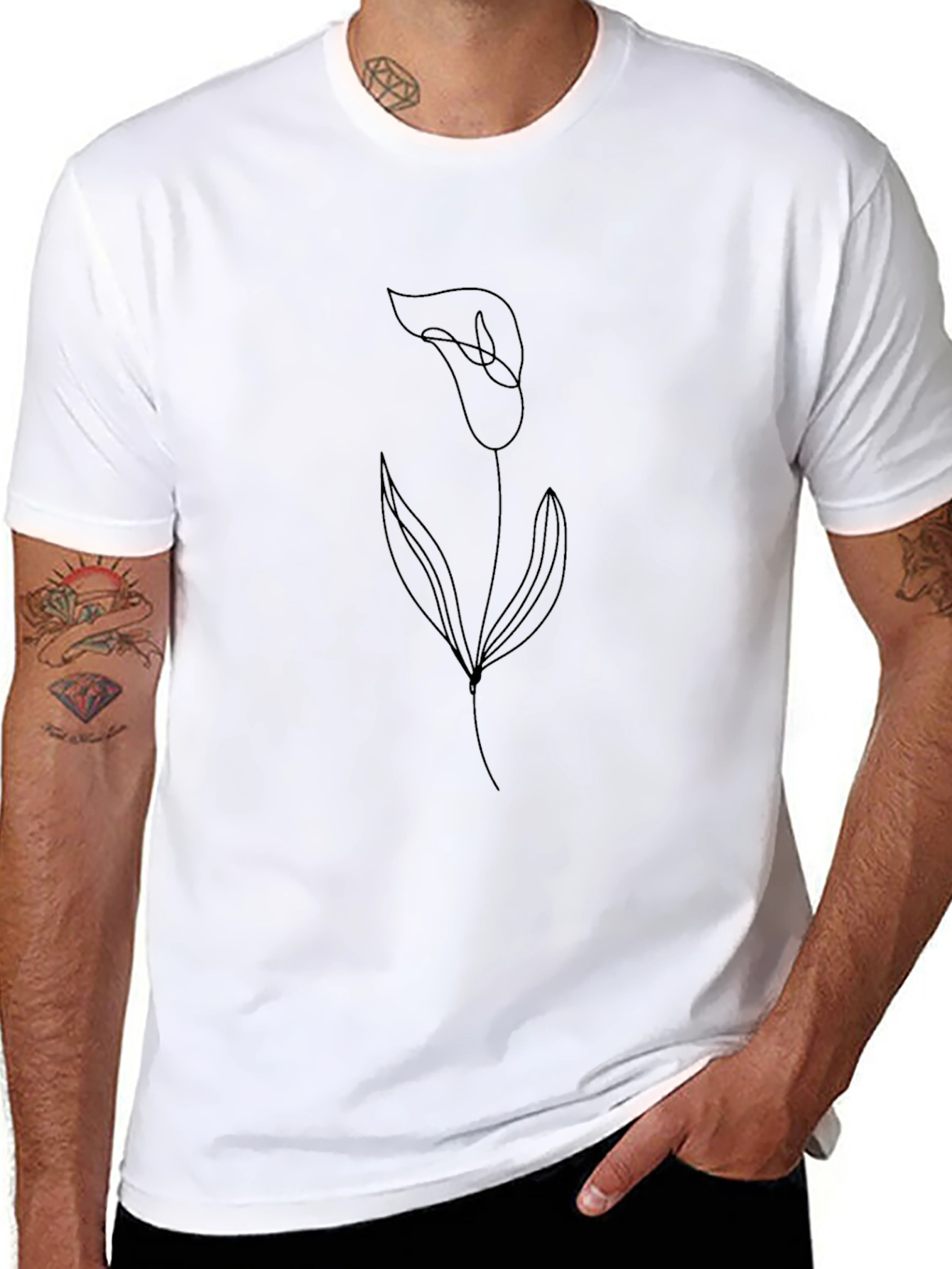 Mens Minimalist Lily Flower Graphic Black T-Shirt