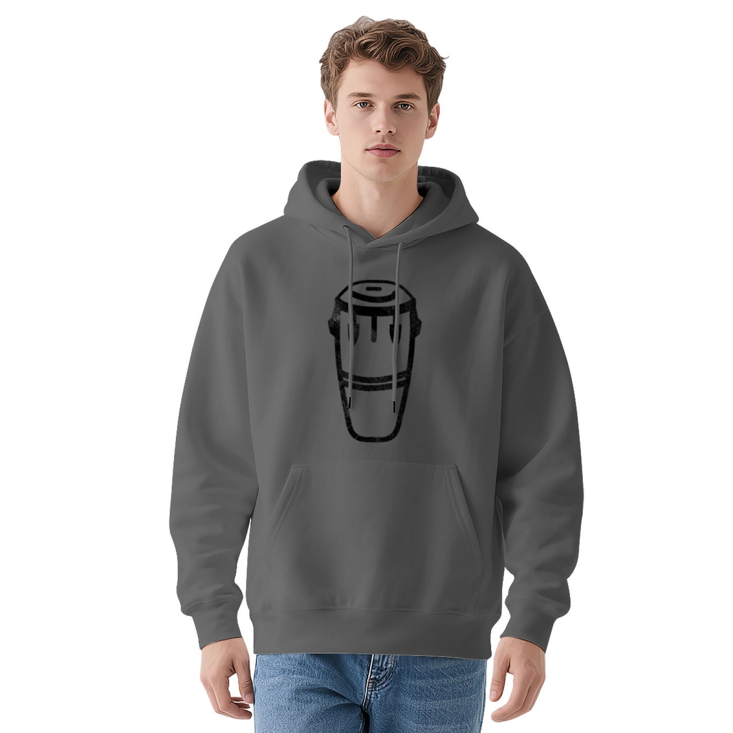 Distressed Conga Drum Minimal Graphic Relaxed White Hoodie, Music Fan Daily Wear