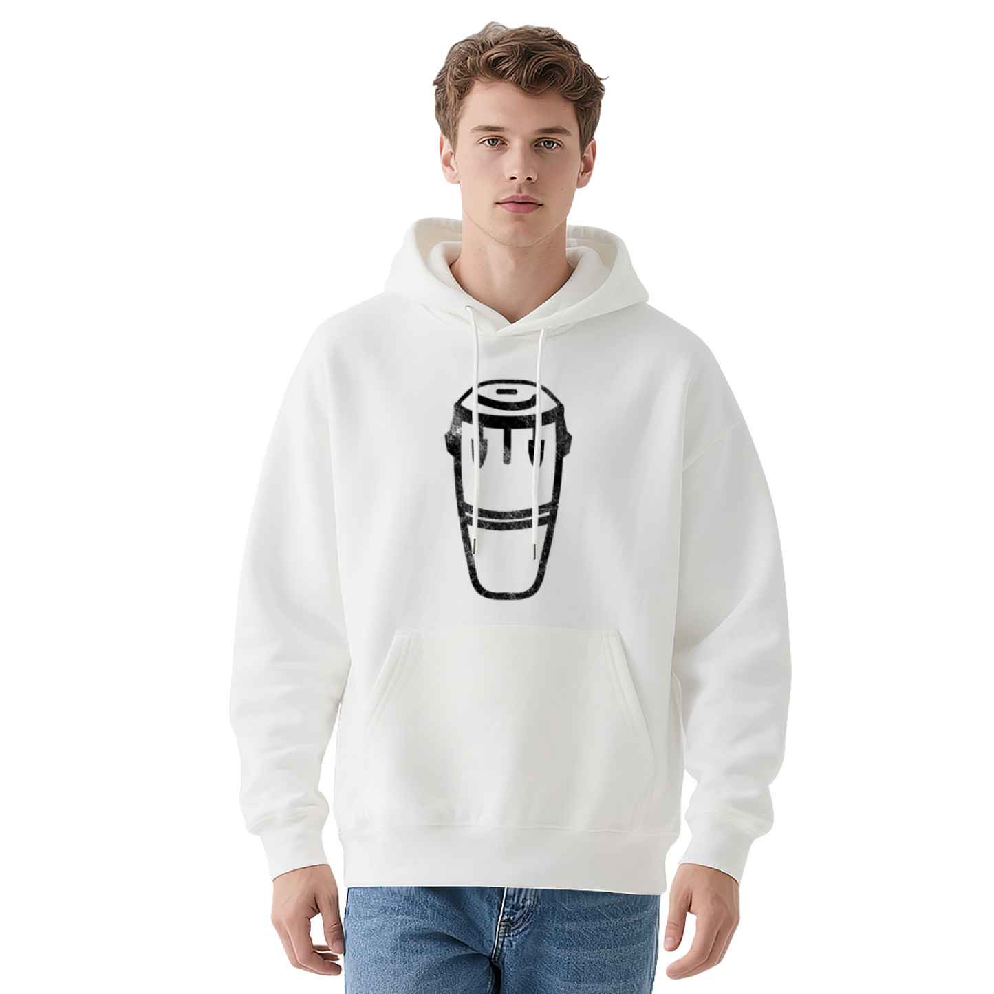 Distressed Conga Drum Minimal Graphic Relaxed White Hoodie, Music Fan Daily Wear