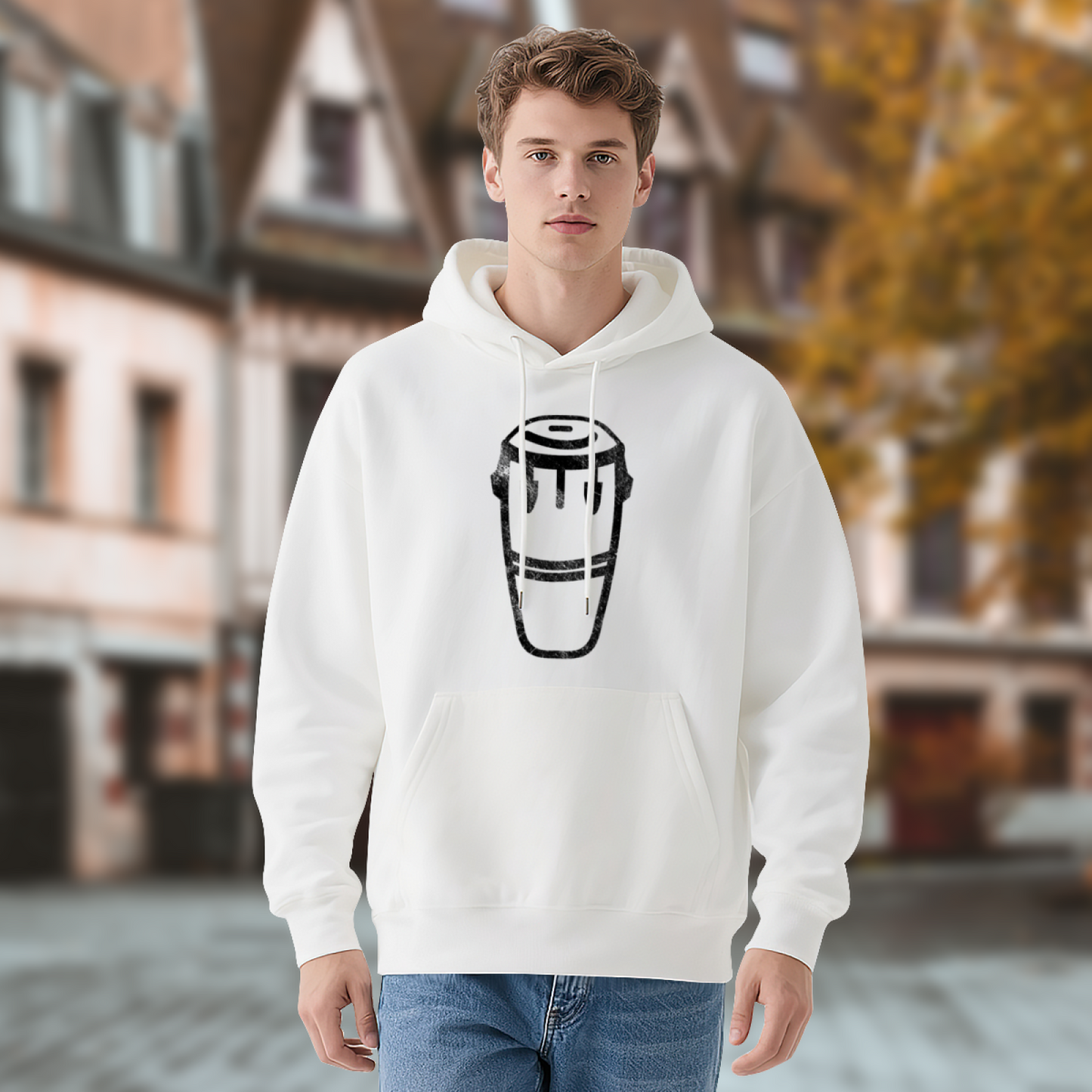 Distressed Conga Drum Minimal Graphic Relaxed White Hoodie, Music Fan Daily Wear