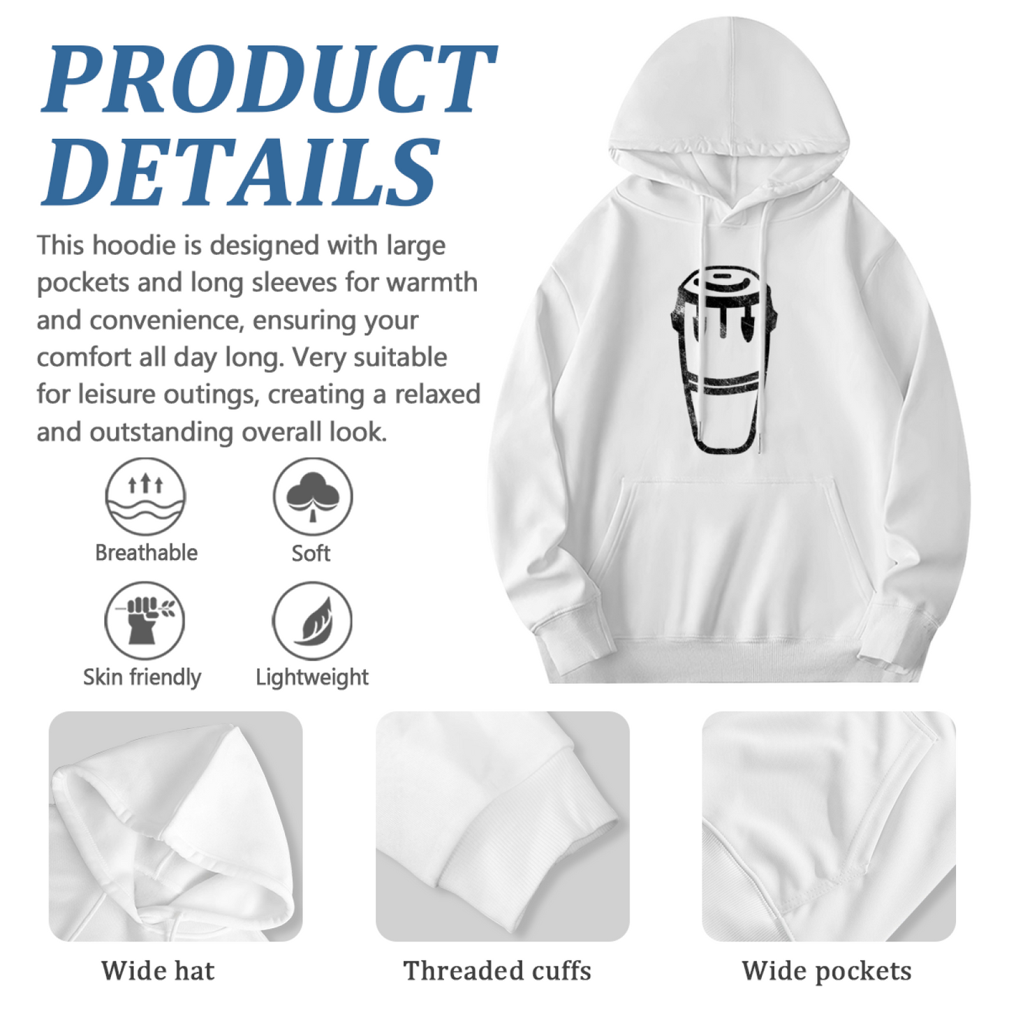 Distressed Conga Drum Minimal Graphic Relaxed White Hoodie, Music Fan Daily Wear