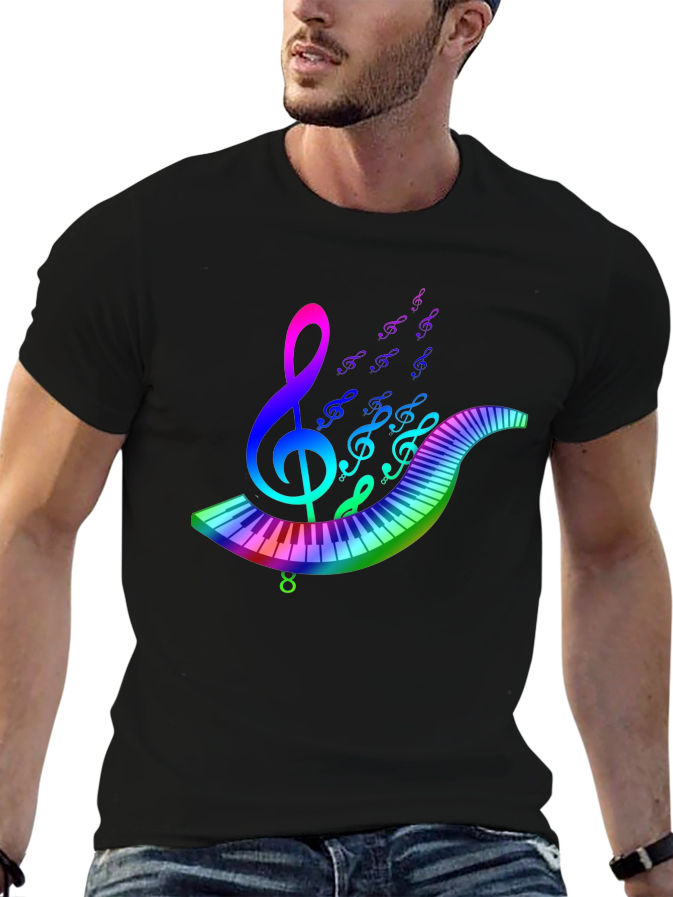 Rainbow Music T-Shirt - Musical Note & Keyboard Design