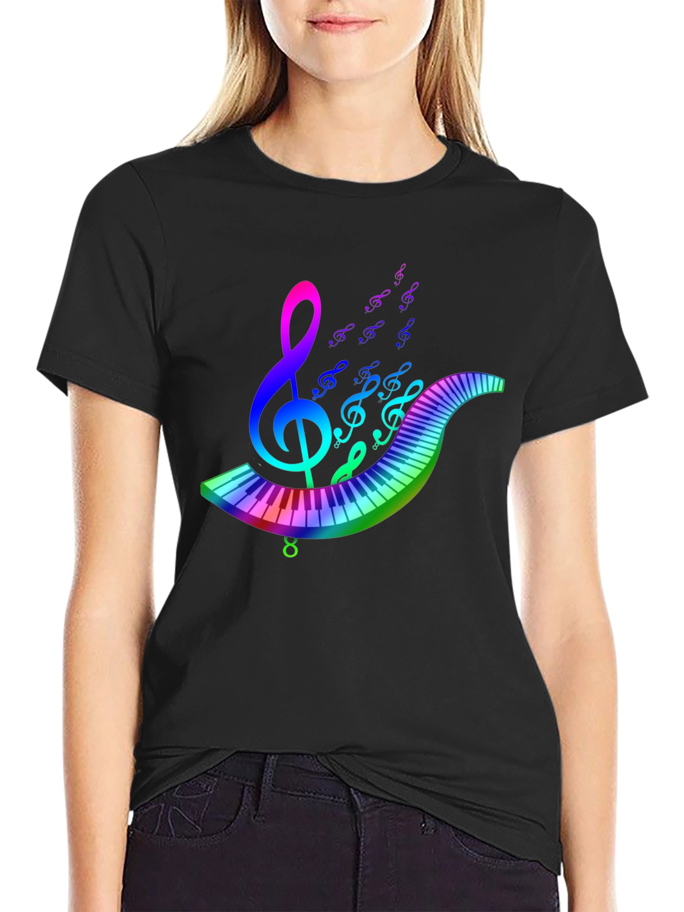 Rainbow Music T-Shirt - Musical Note & Keyboard Design