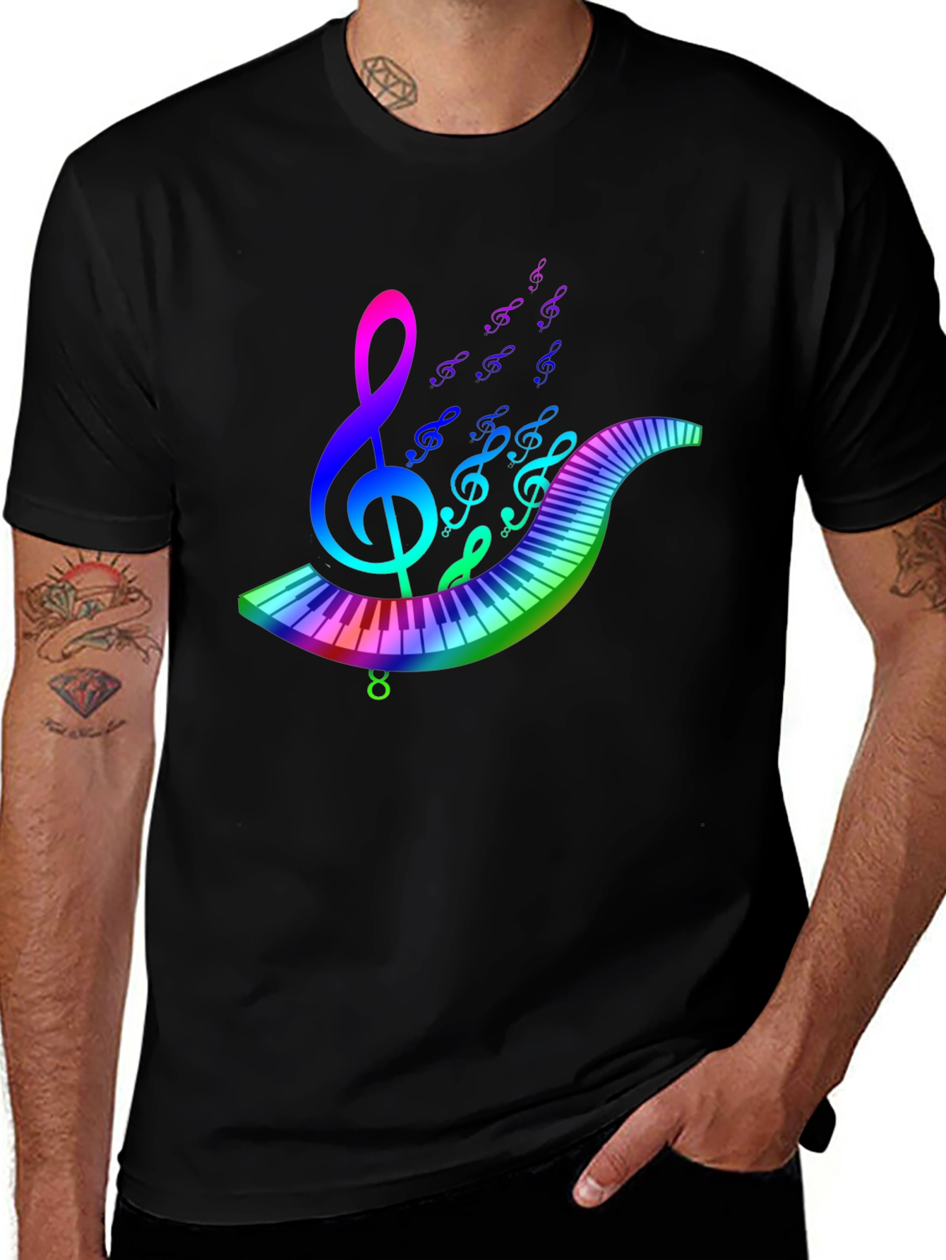 Rainbow Music T-Shirt - Musical Note & Keyboard Design
