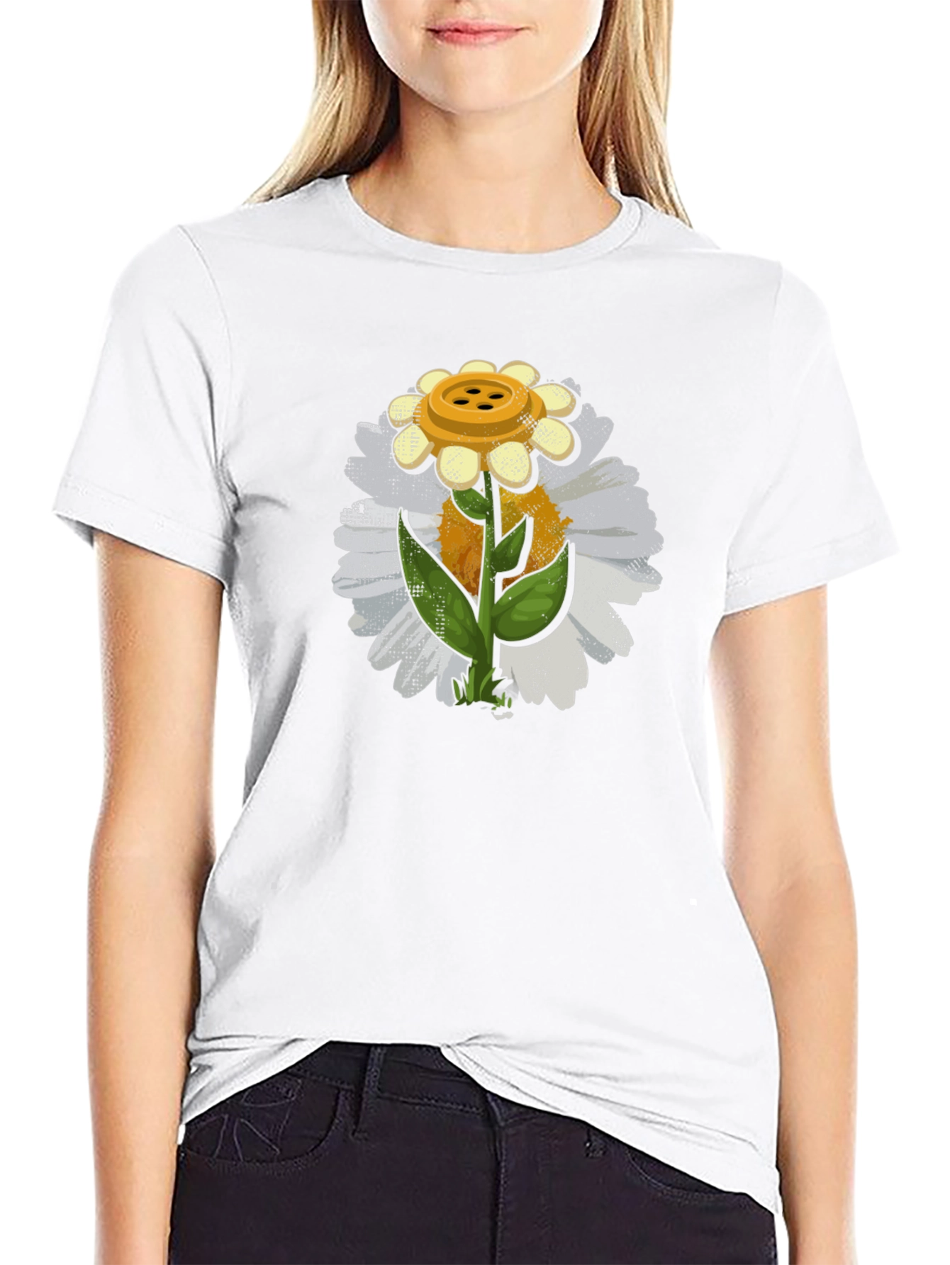 Button Daisy Graphic T-Shirt - Black