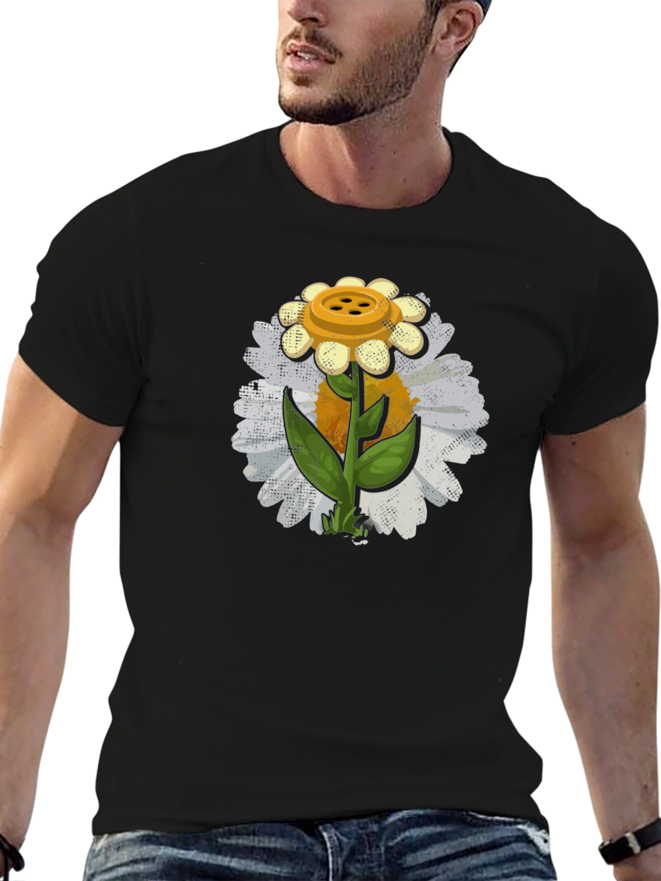 Button Daisy Graphic T-Shirt - Black