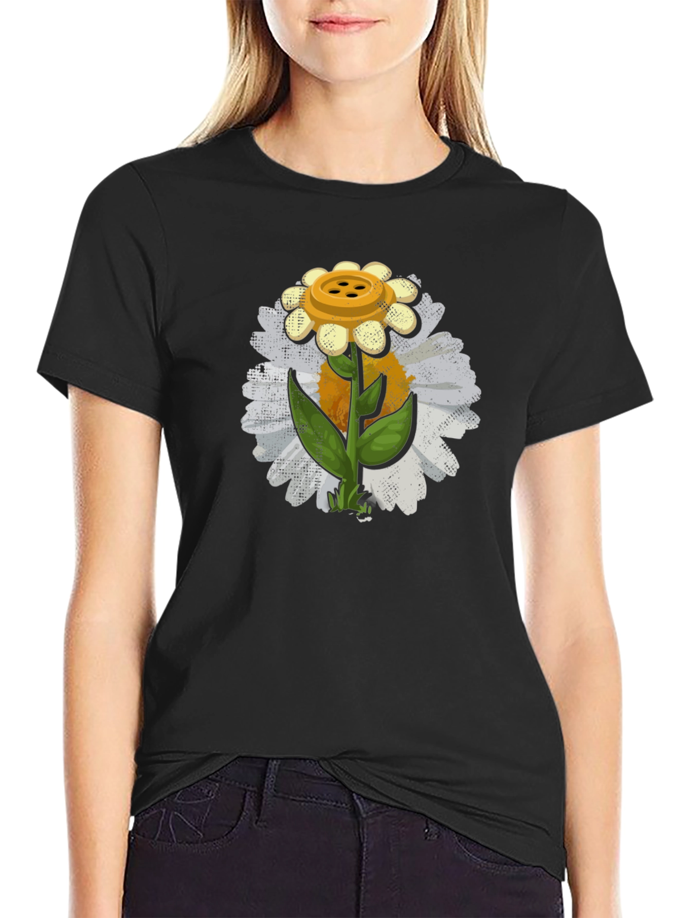 Button Daisy Graphic T-Shirt - Black