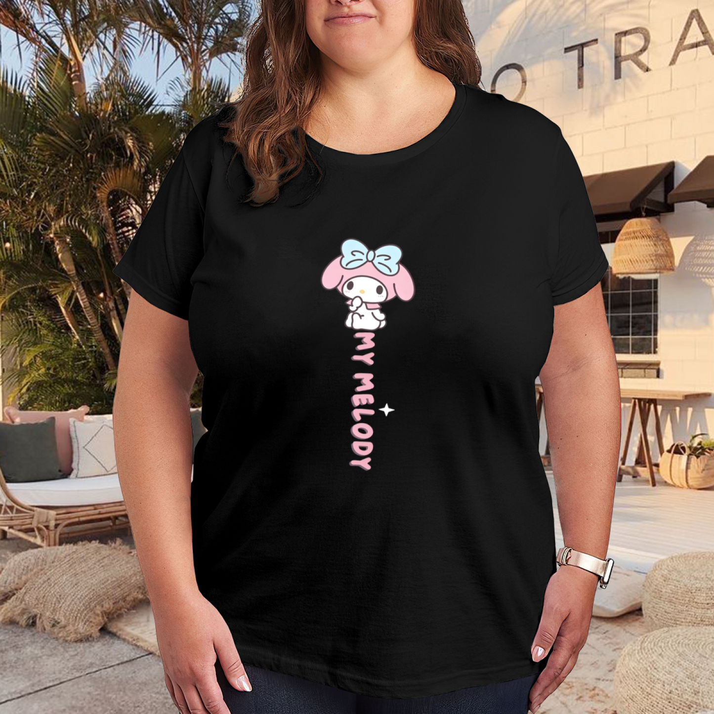 Plus Size Women Sweet My Melody Vertical Letter Graphic Black T?Shirt
